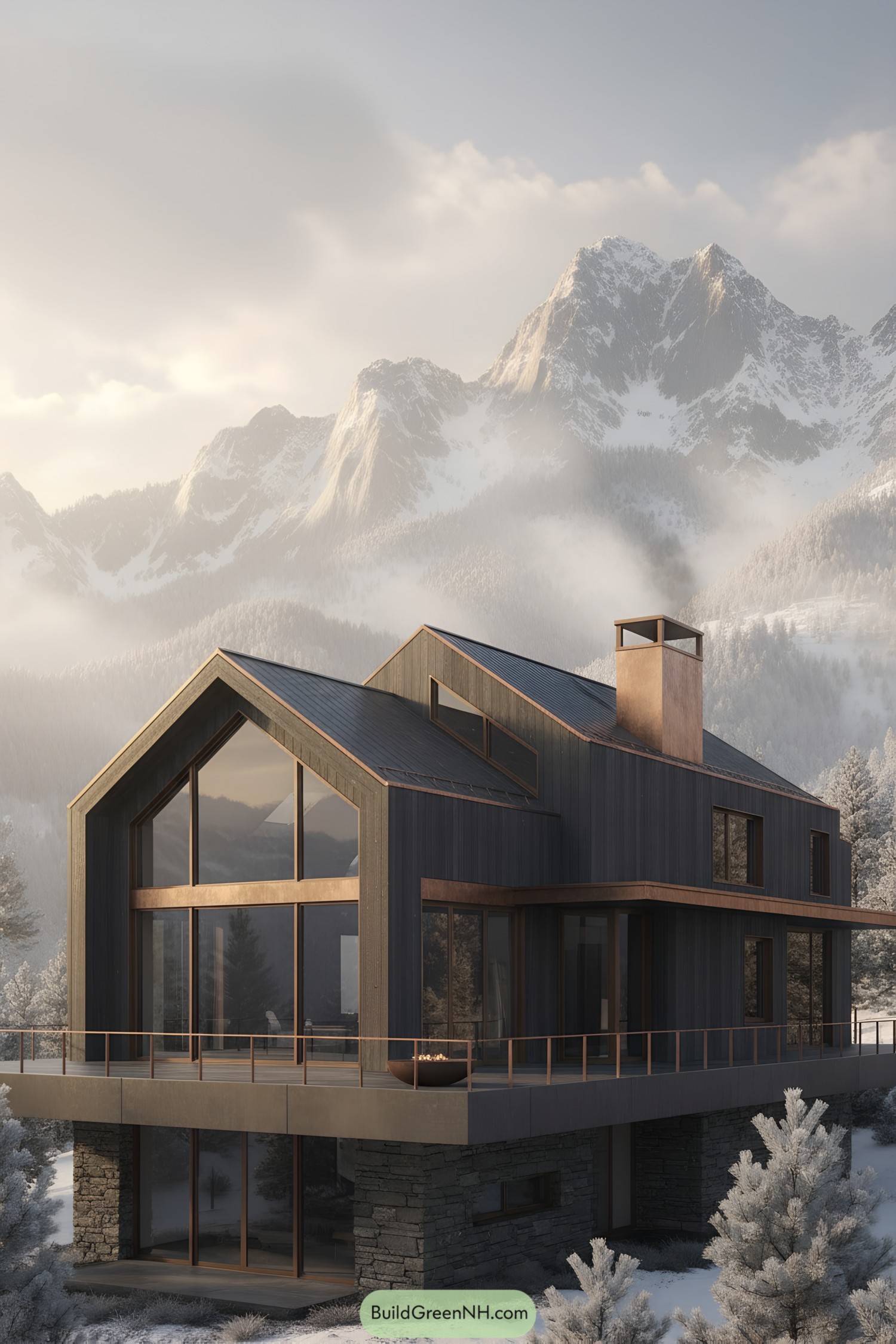 Modern dark timber chalet with copper accents and panoramic glass