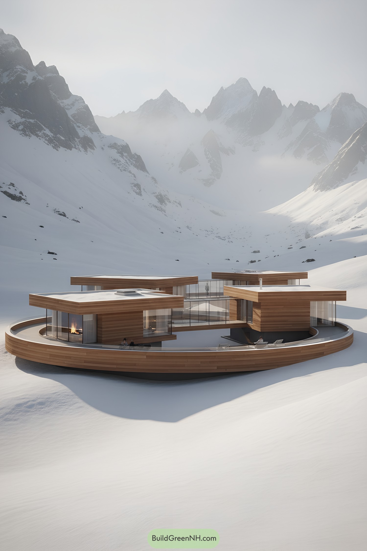 Circular timber retreat in snowy mountains