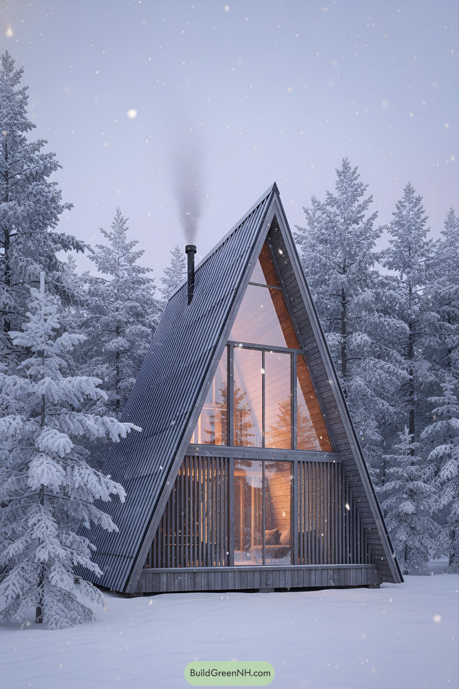 A-frame cabin with glowing interior in snowy pines