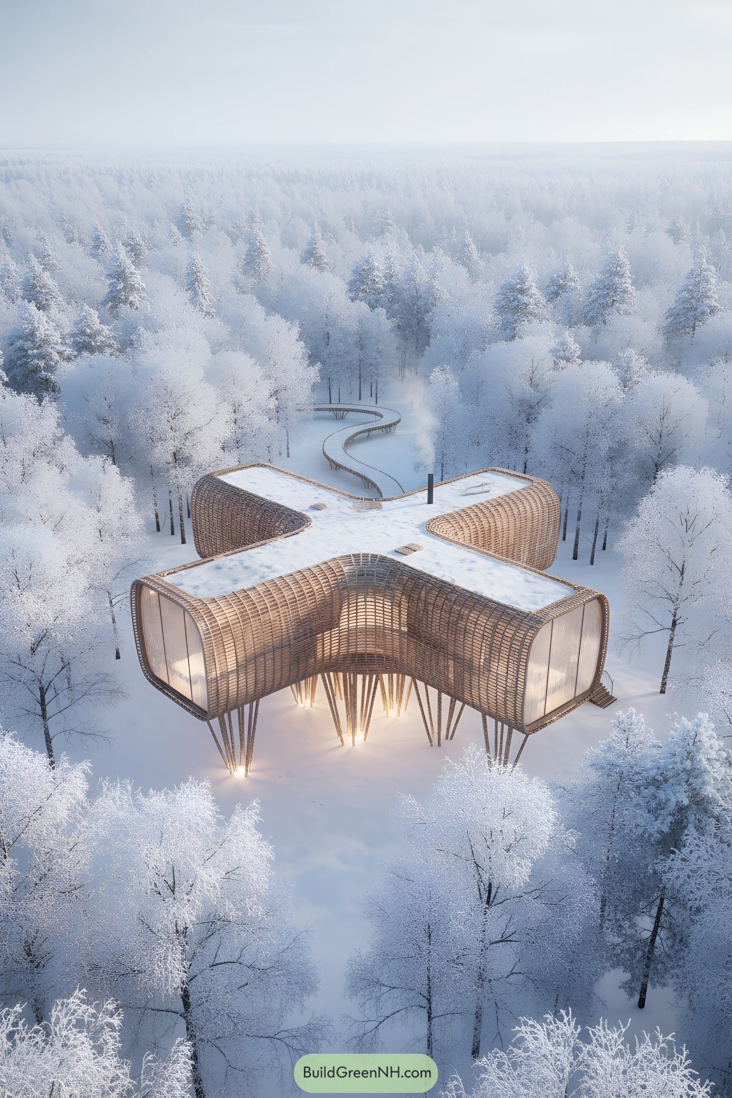 Elevated timber lodge with curved glass wings in a frosted forest
