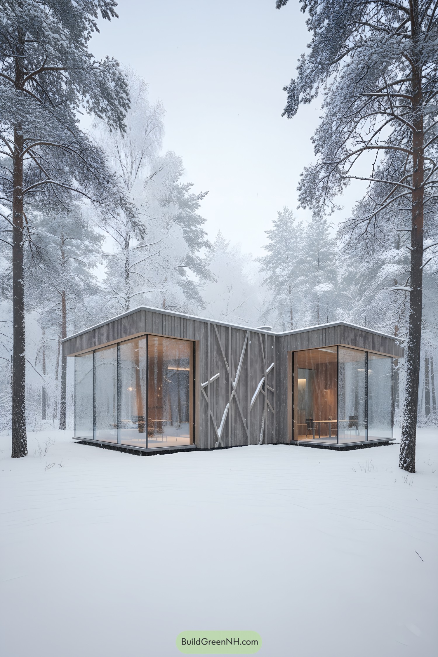 Modern cabin with glass walls in snowy forest