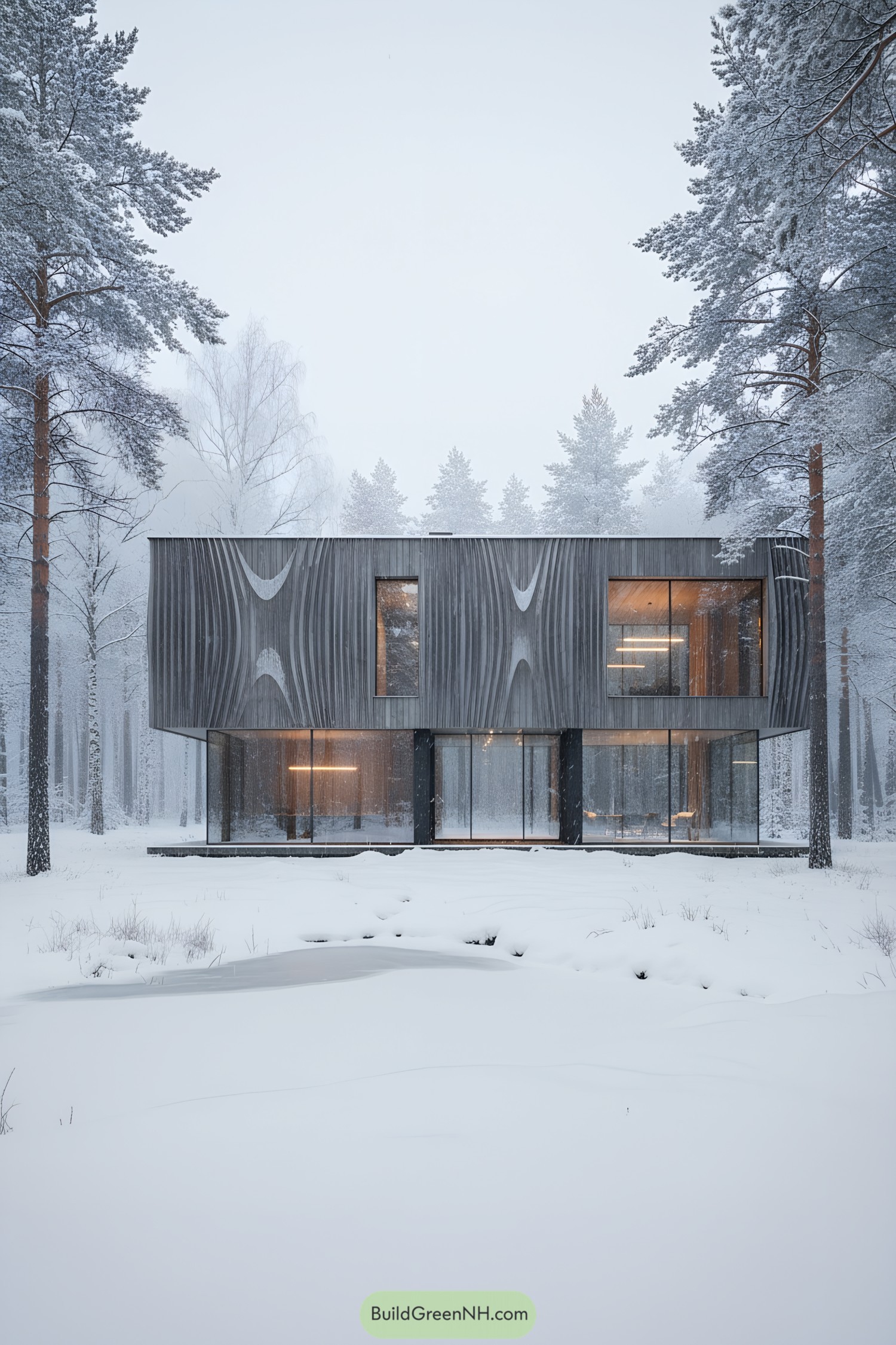 Modern two-story cabin with sculpted timber cladding and floor-to-ceiling glass in a snowy pine forest