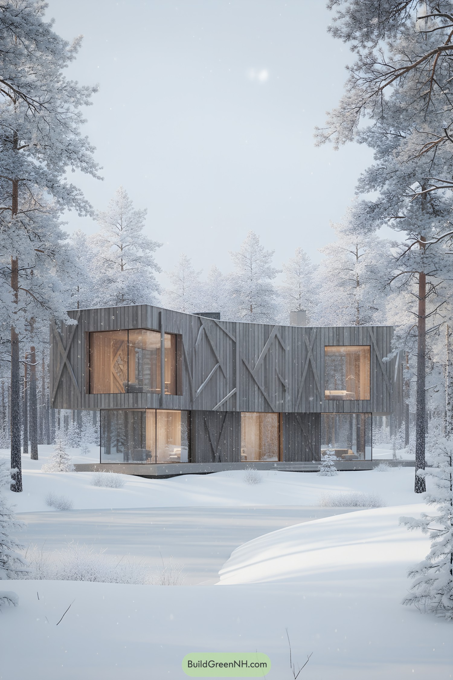 Modern wood-clad house with large windows in a snowy forest