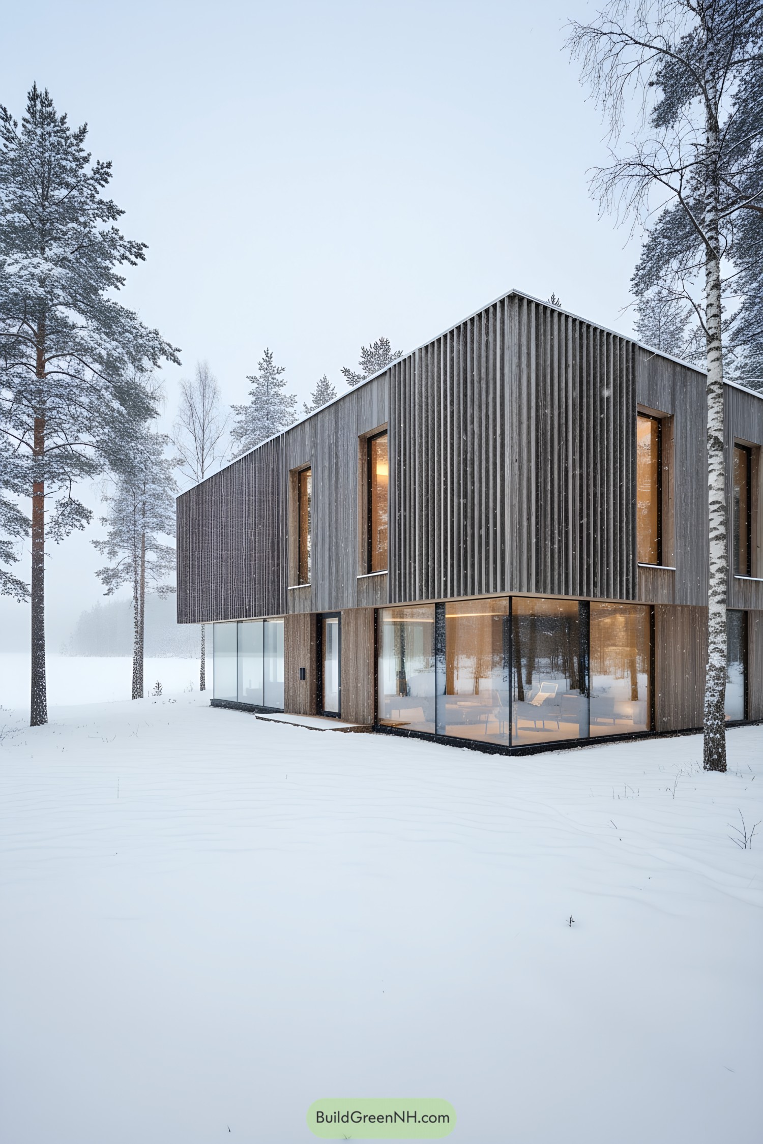 Modern wood-clad home in snowy forest