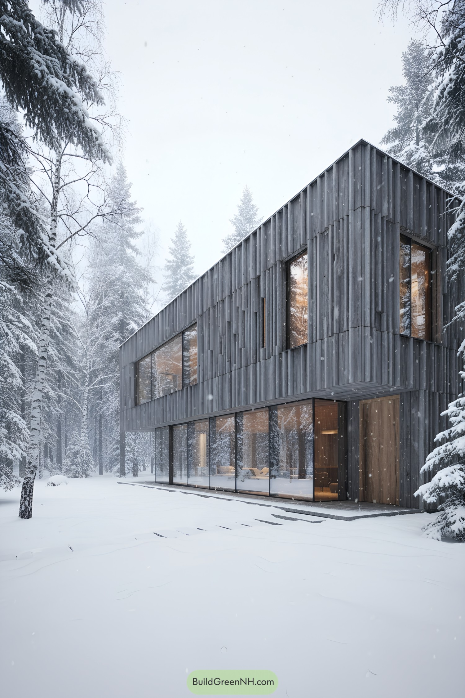 Modern timber house with tall glass facade amid snowy forest