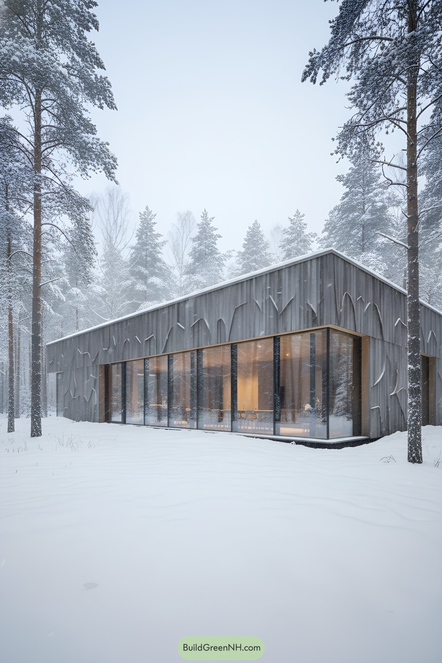 Modern wood-clad house with tall glass walls in a snowy forest
