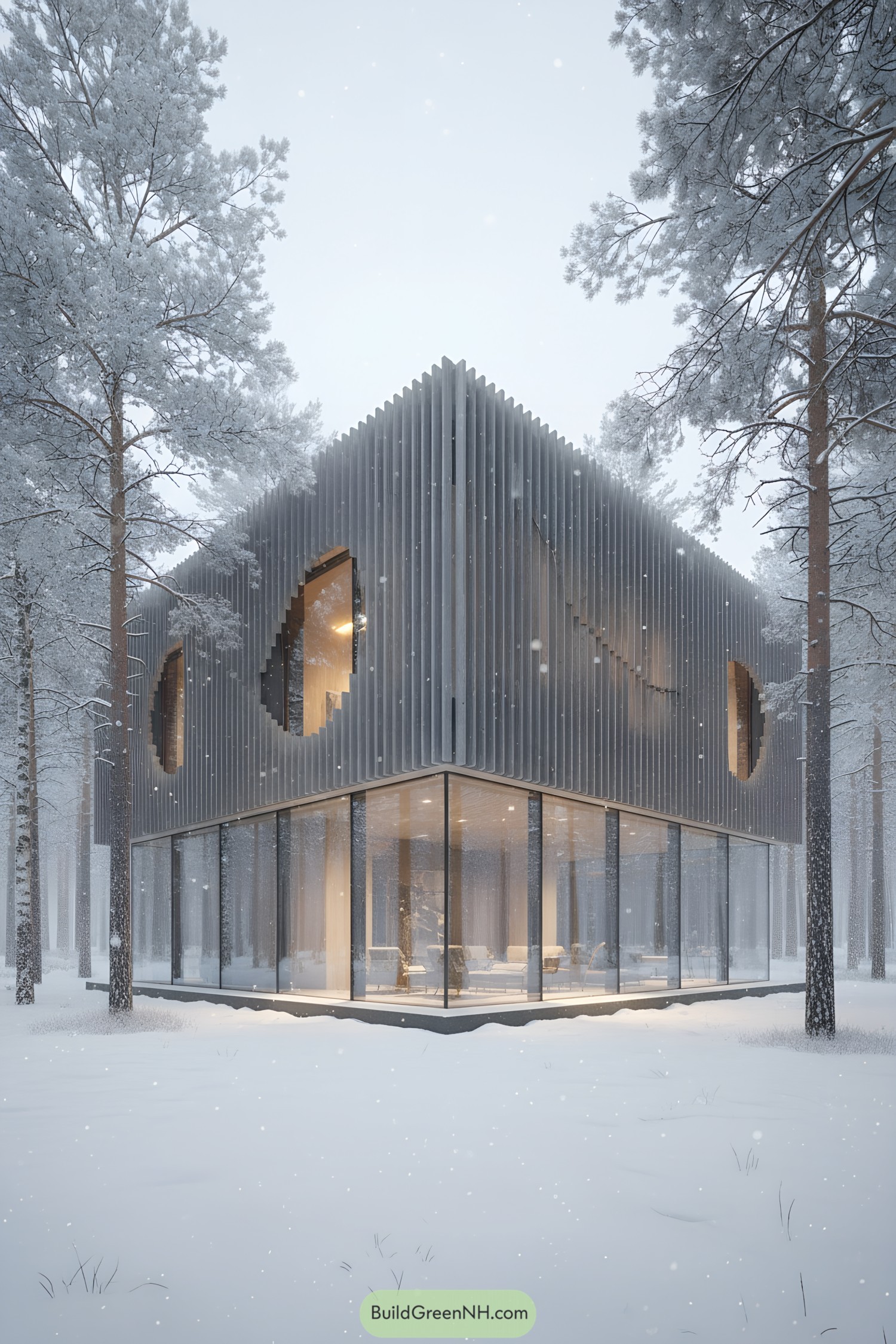 Glass-wrapped cube with vertical slat facade in snowy forest