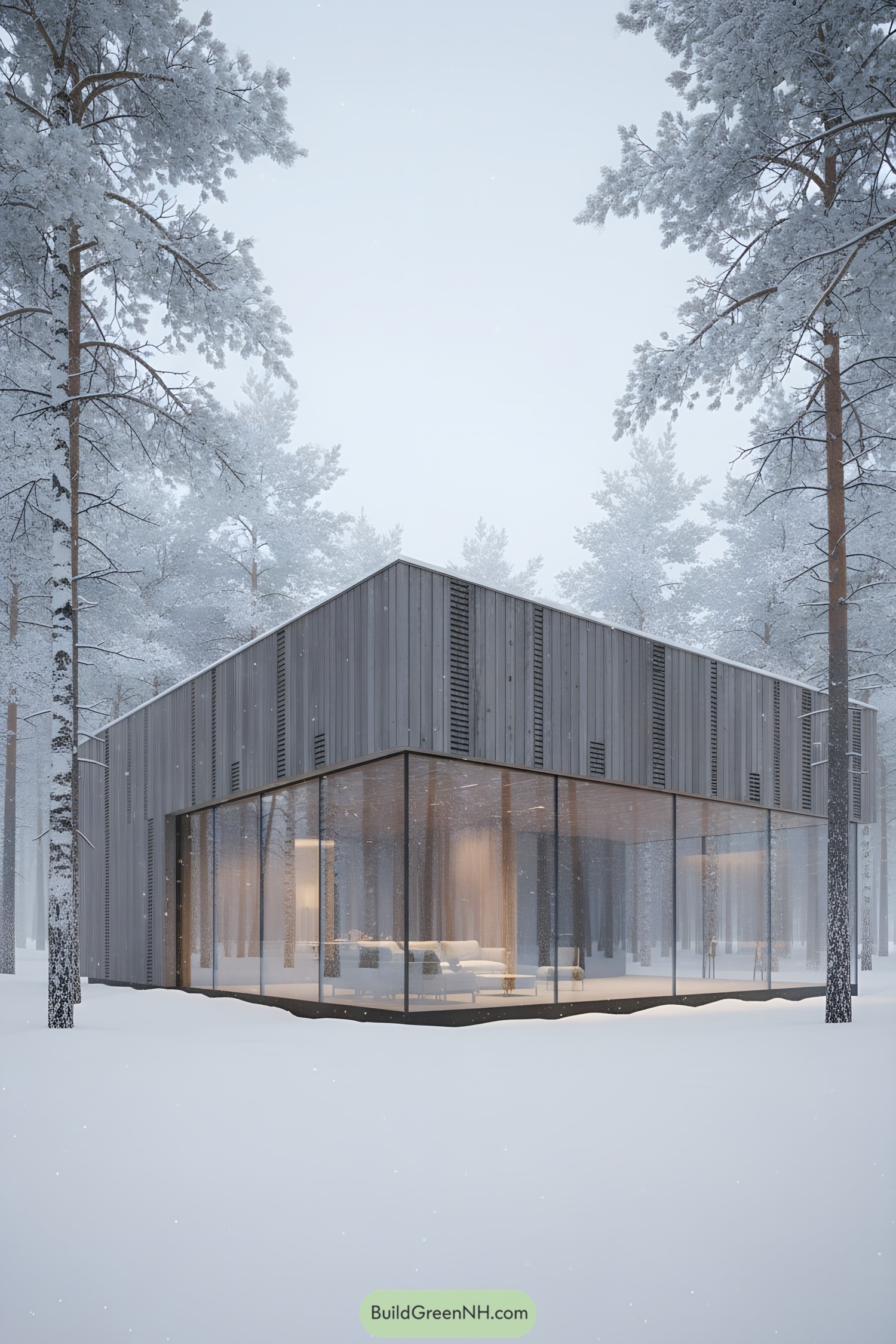 Minimalist glass-wrapped cabin in snowy pines
