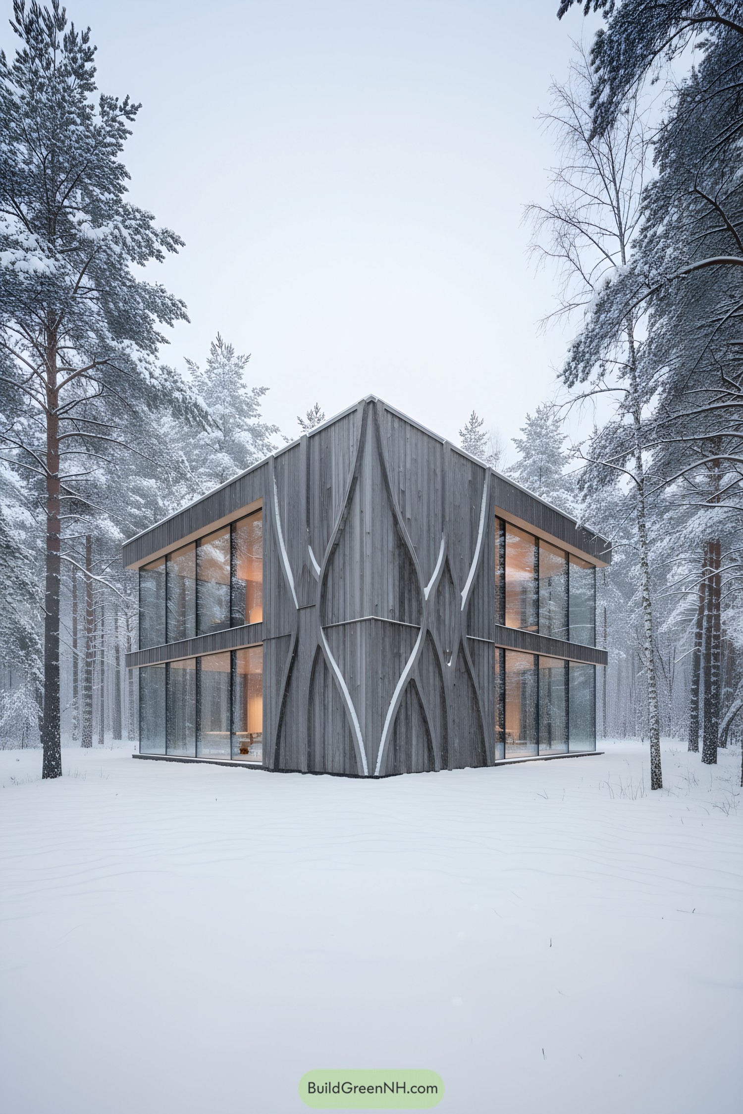 Two-story timber-and-glass house in snowy forest with sculpted wood facade and warm interior glow