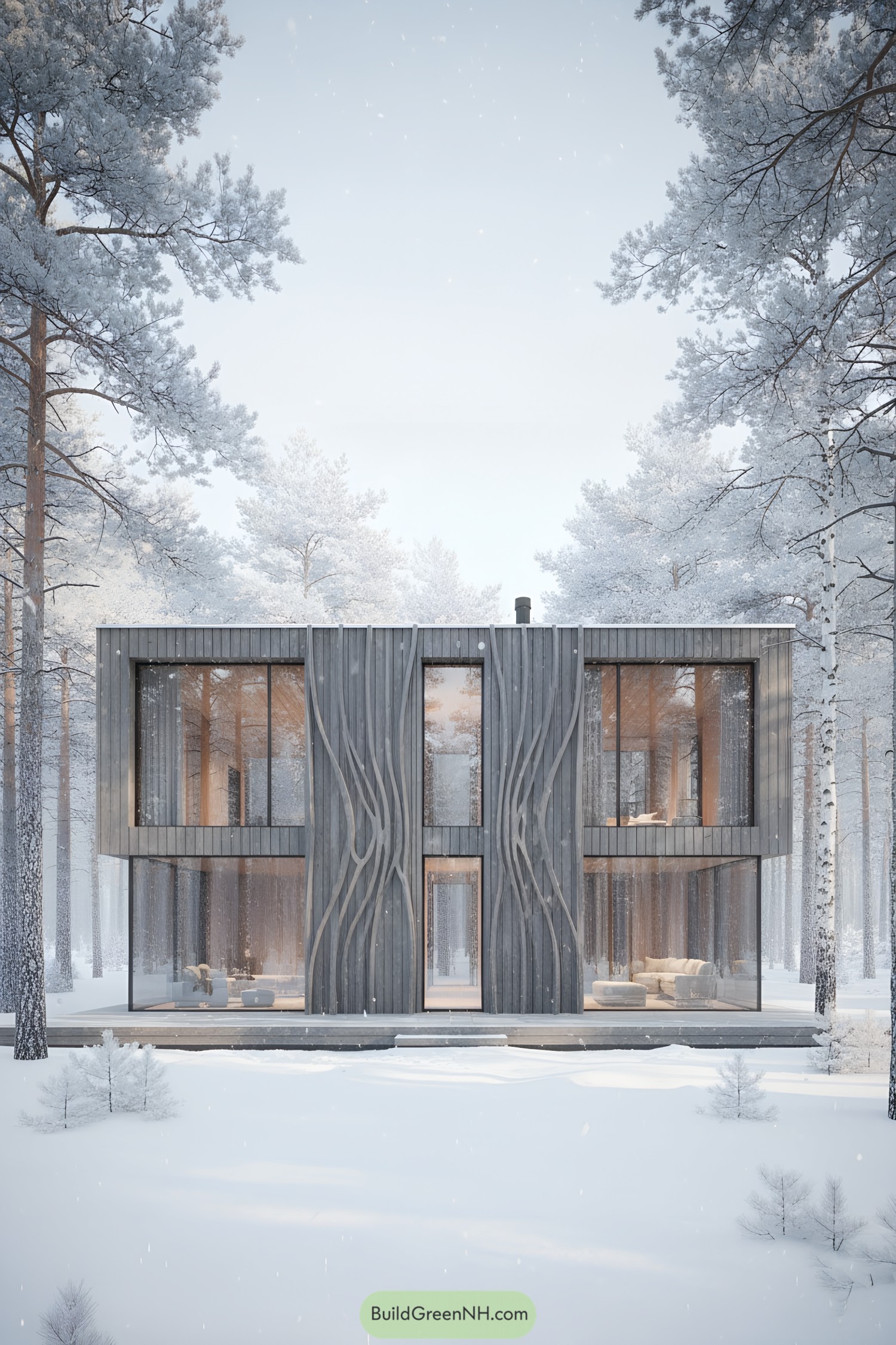 Dark timber house with sculpted cladding and tall glass walls in a snowy forest