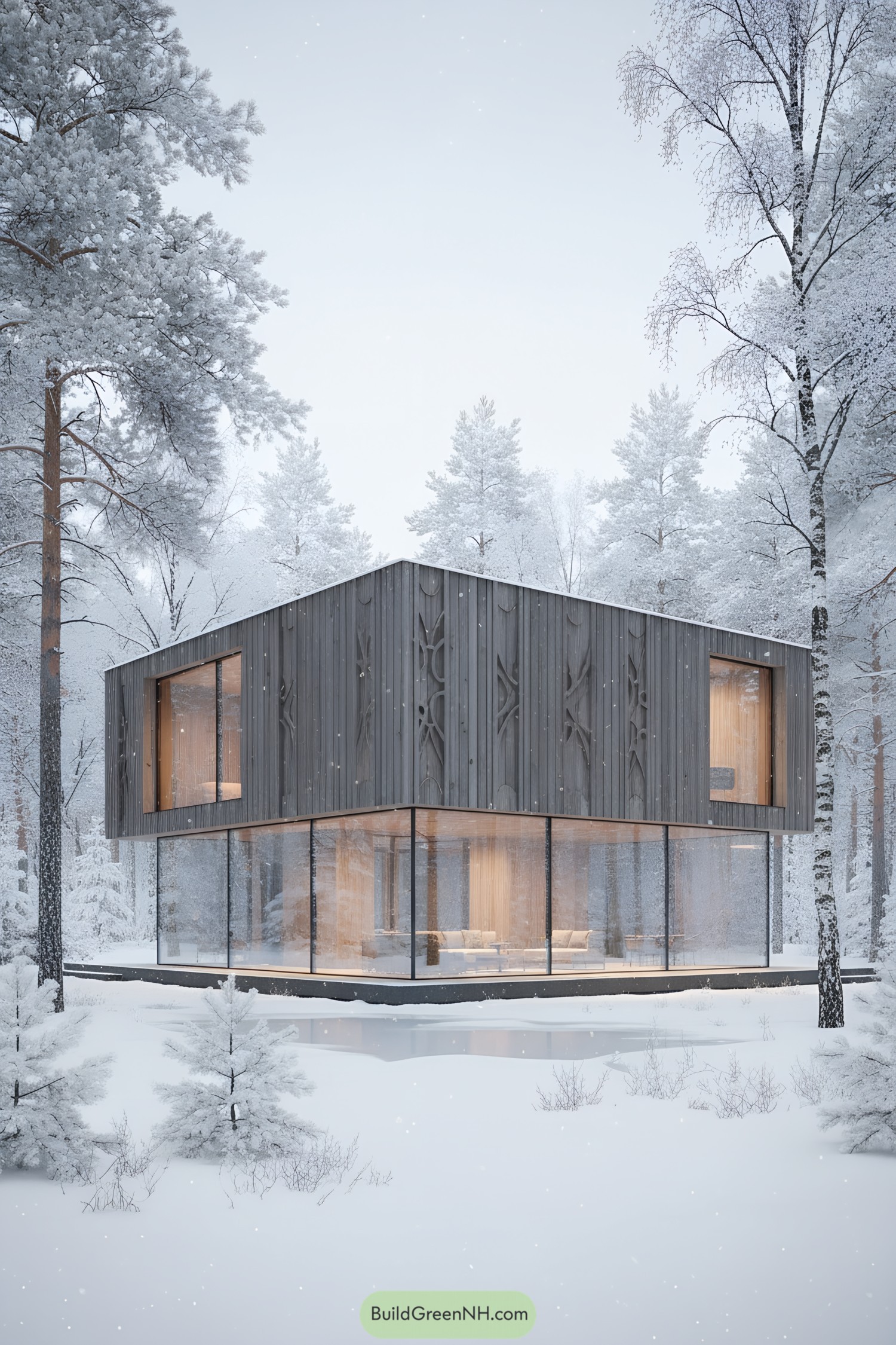 Modern glass-and-timber house in snowy forest