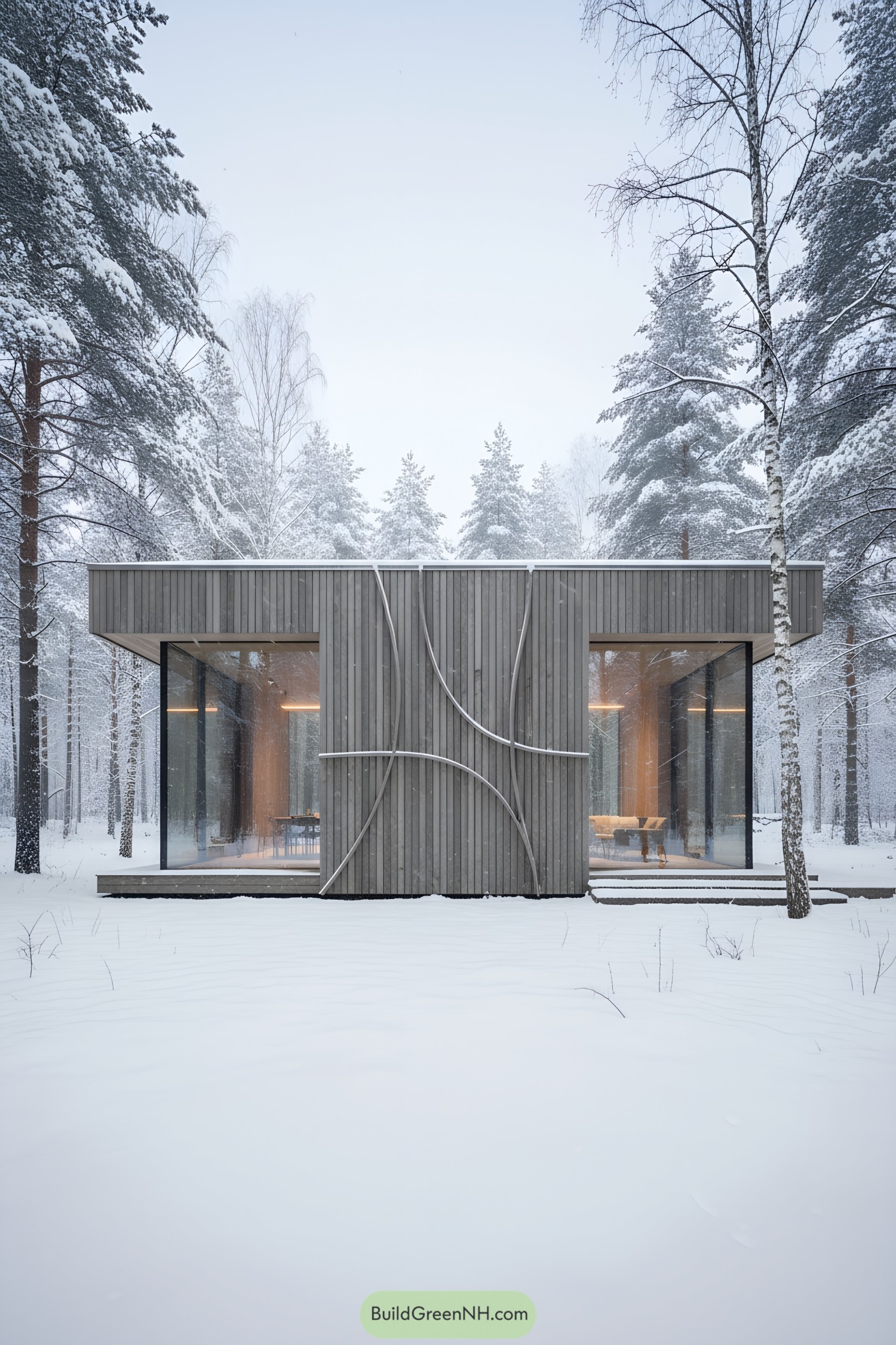 Minimalist glass-and-wood cabin in snow