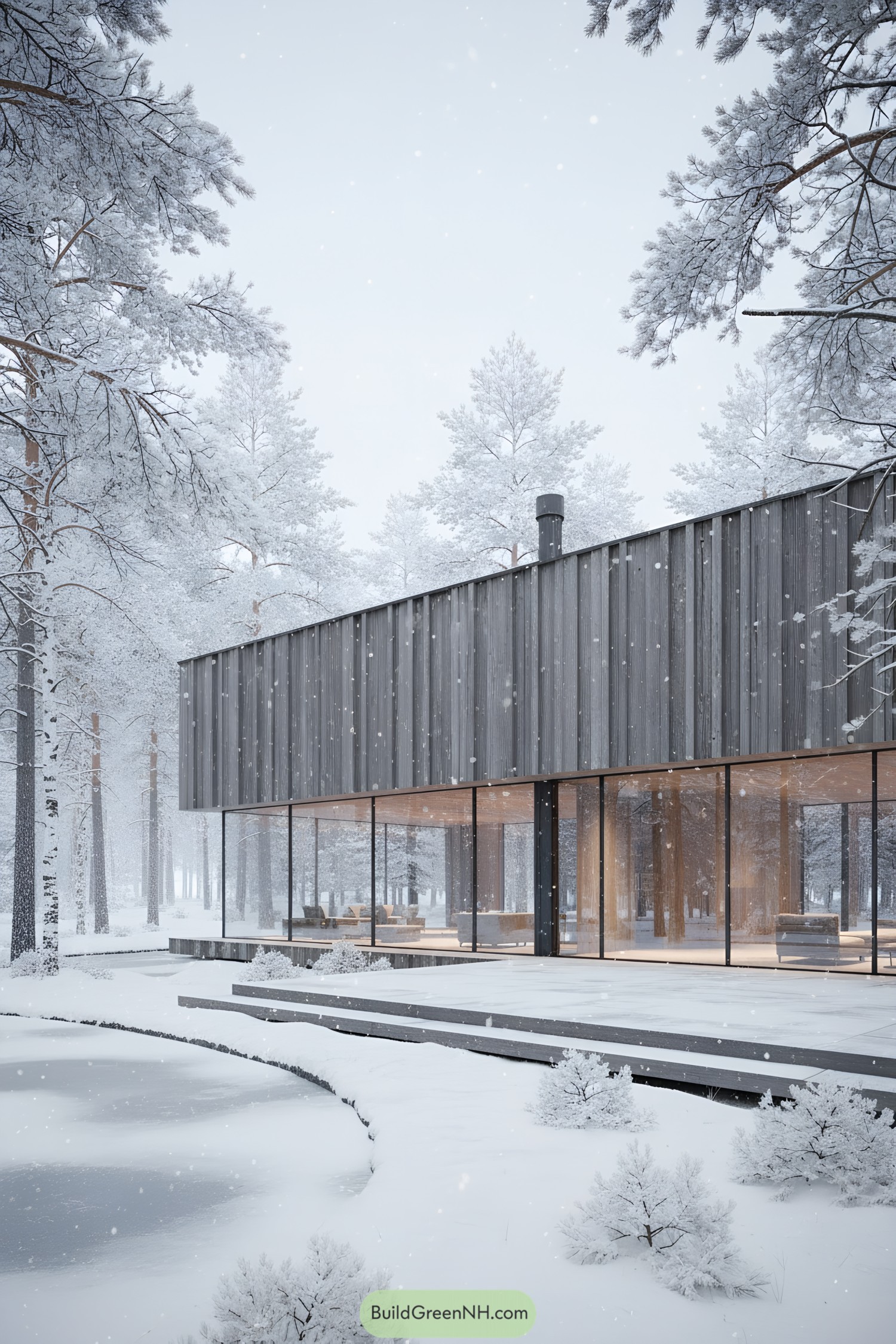 Modern glass pavilion with charred wood cladding in a snowy forest