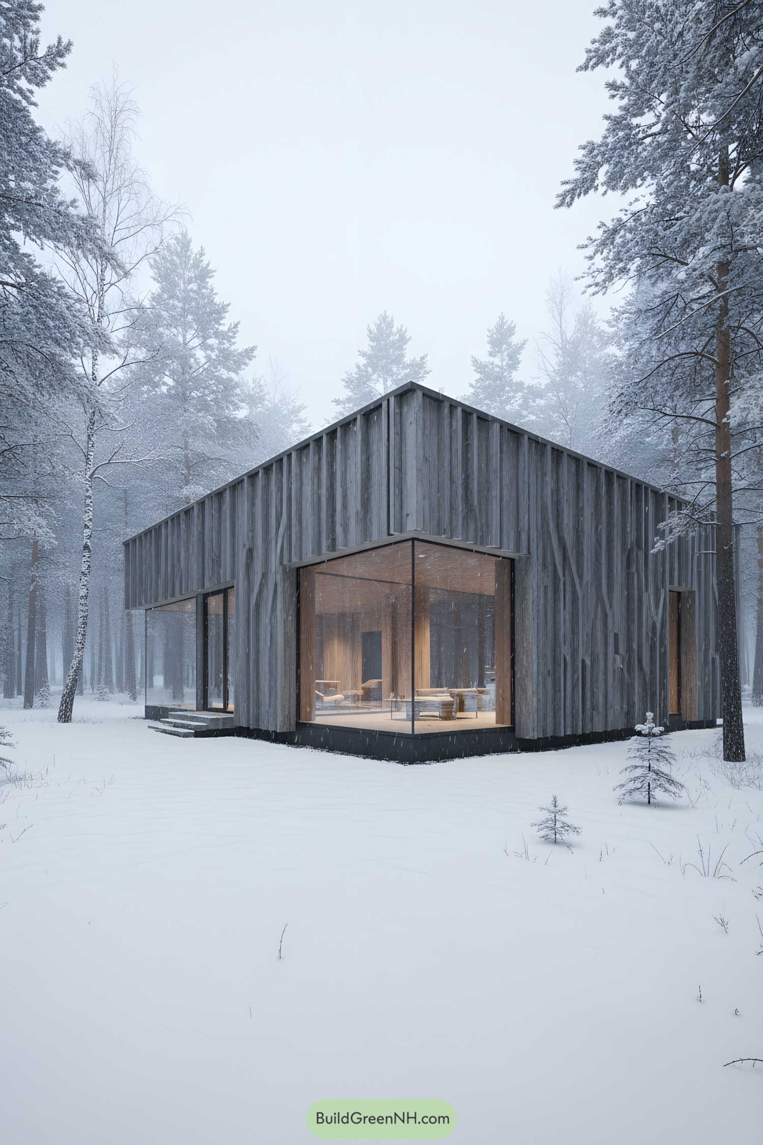 Minimalist wood-clad cabin with corner glazing in a snowy forest