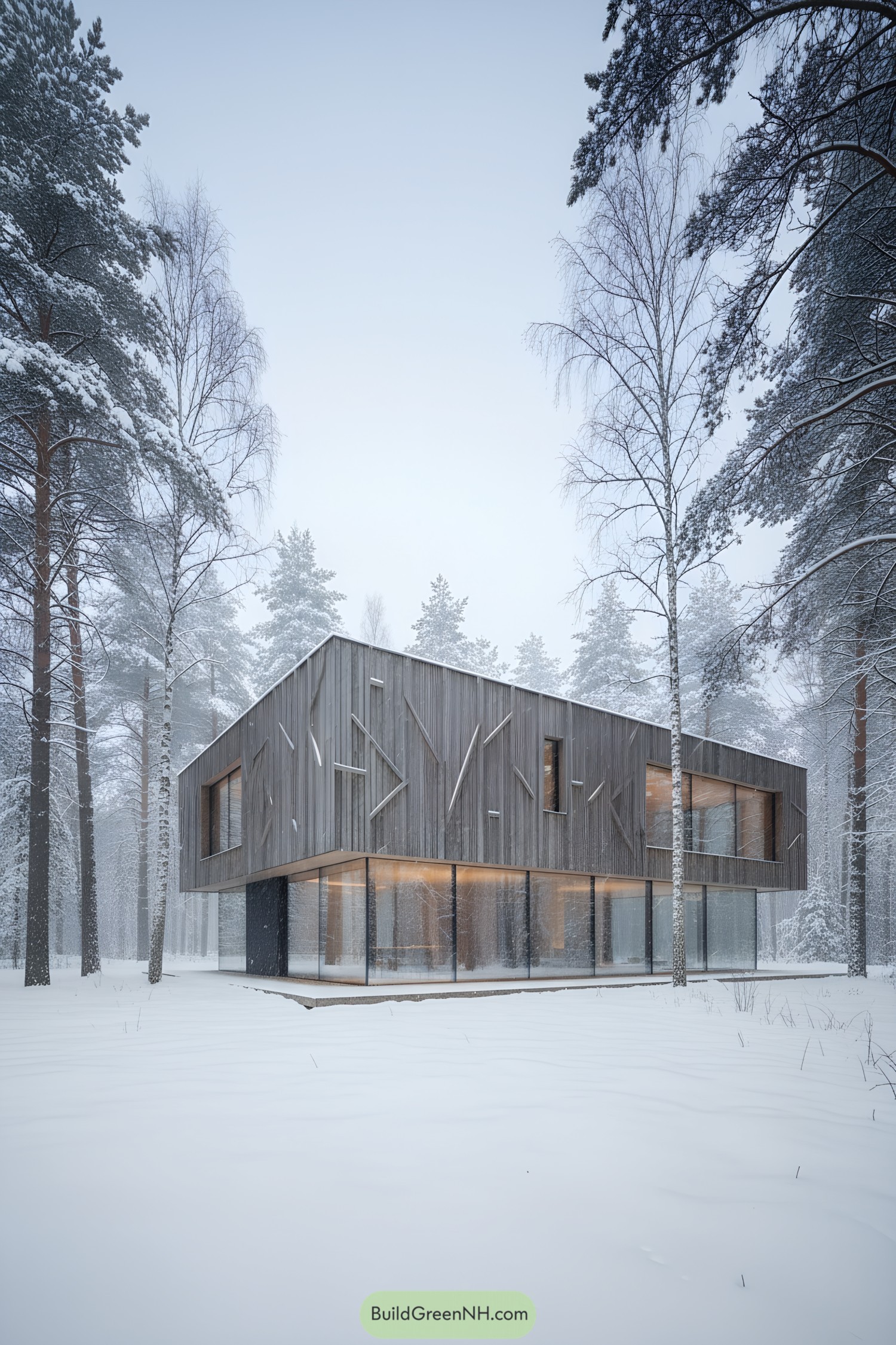 Modern wood-clad house on glass base in snowy forest