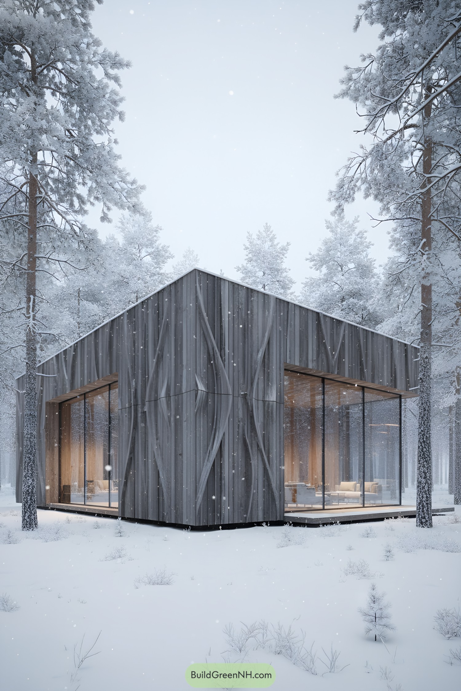Modern wood-and-glass cabin in a snowy forest