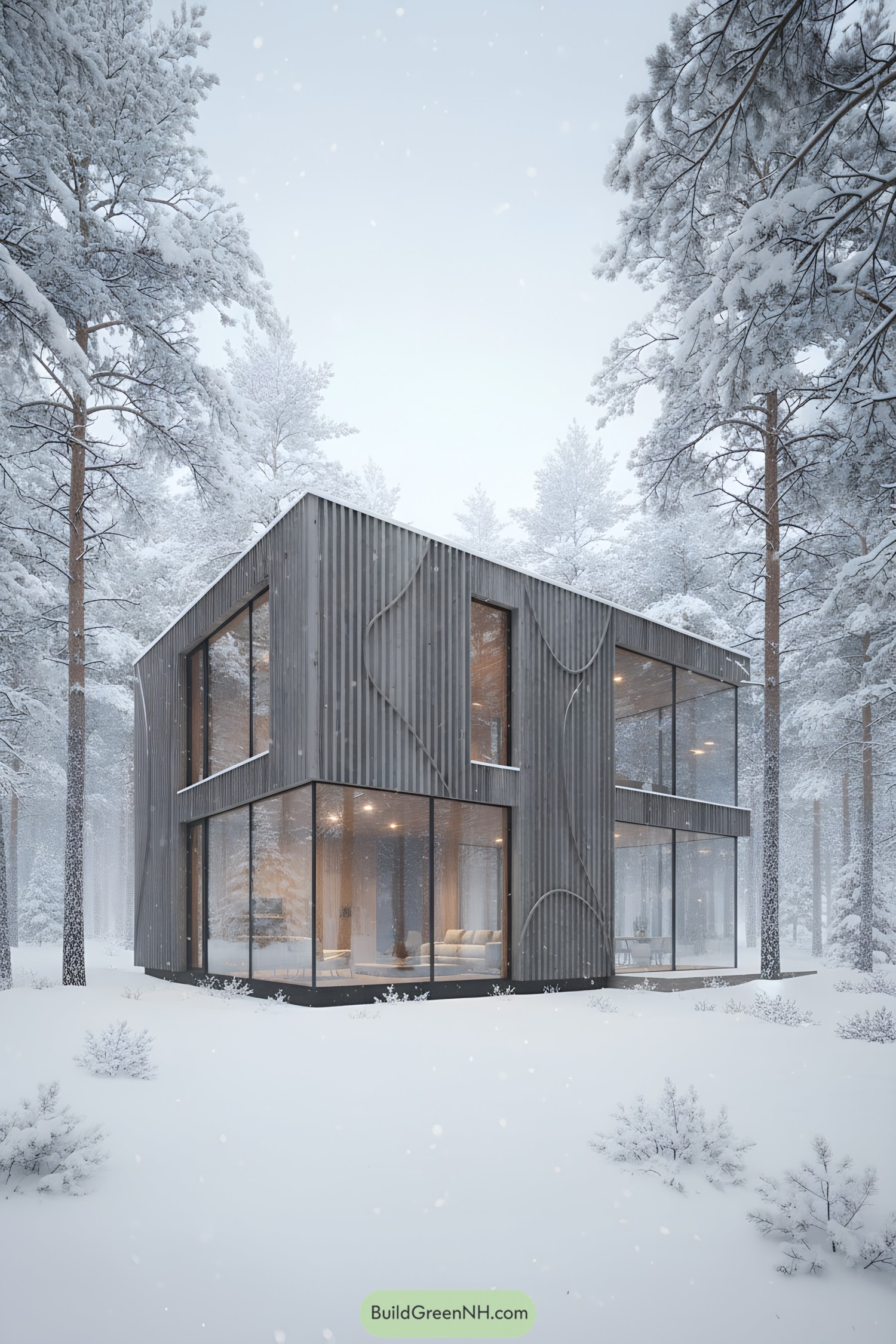 Two-story glass-wrapped cabin in snowy pine forest with rippled vertical timber cladding and warm interiors glowing at dusk