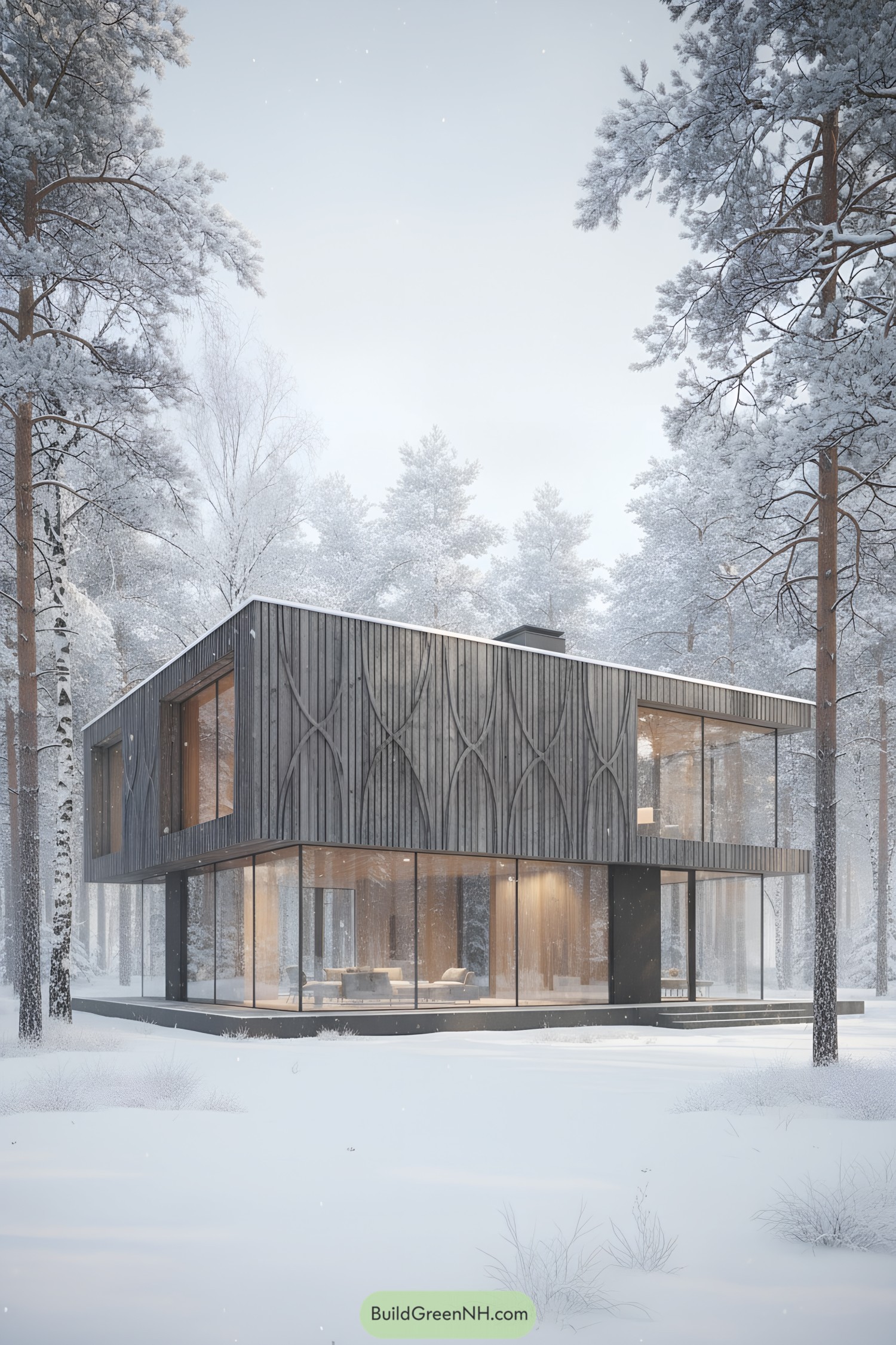 Two-story glass-and-timber house in snowy pine forest