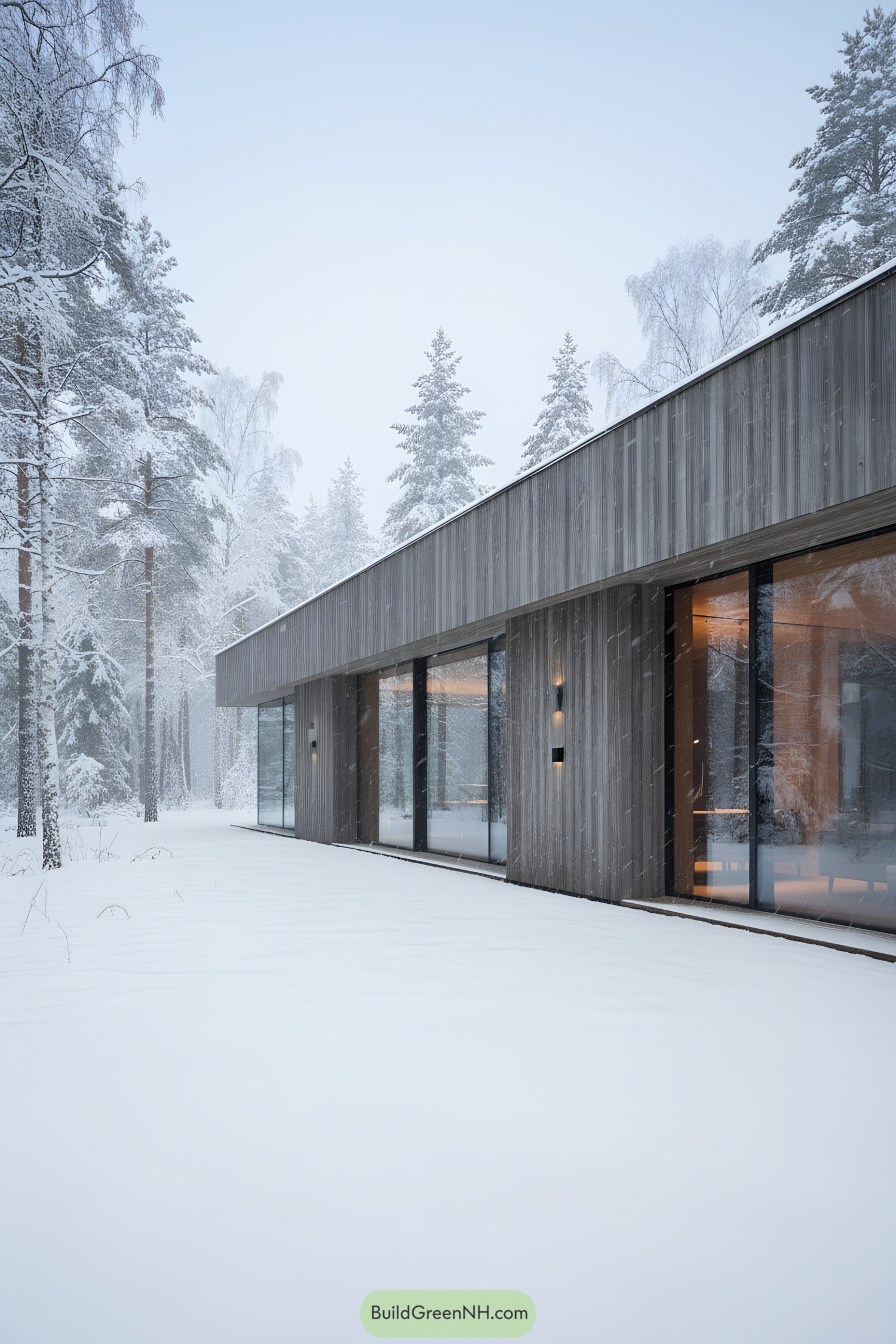 Low-slung wood house with large glass walls in a snowy forest