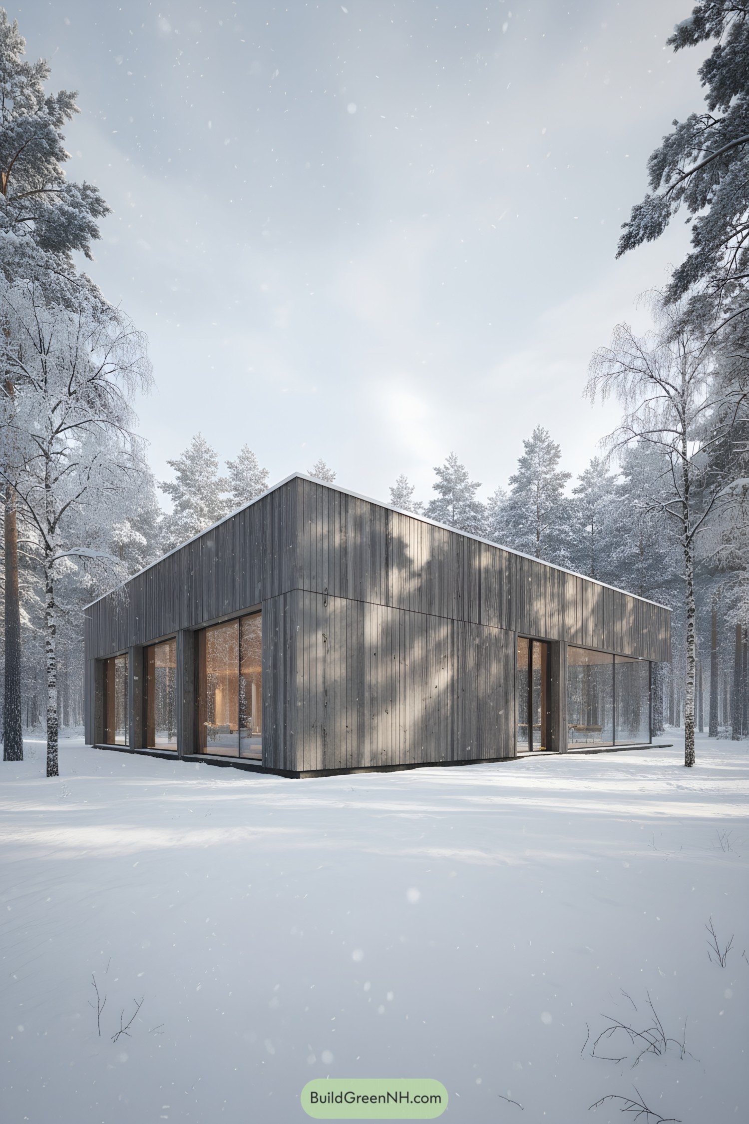 Minimal wood-clad house in snowy forest with large windows