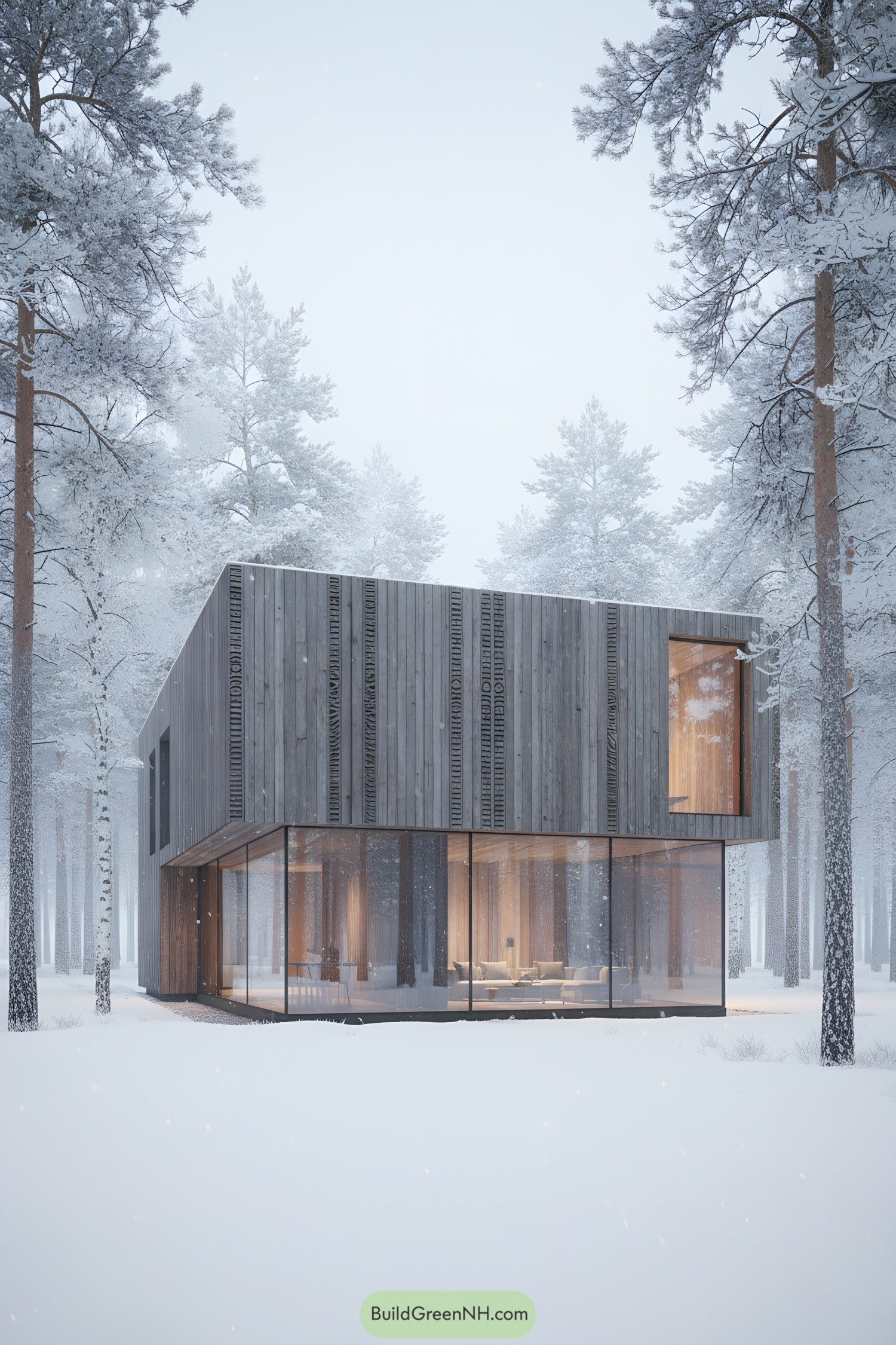 Modern cubic timber house with glass walls in a snowy forest