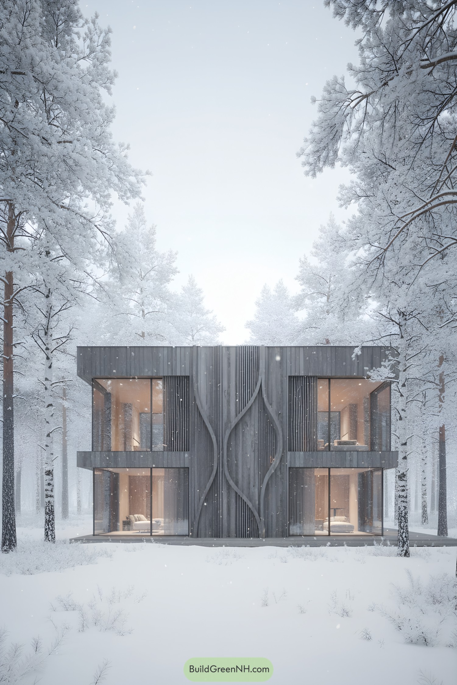 Modern timber villa with sculpted facade in snowy woods