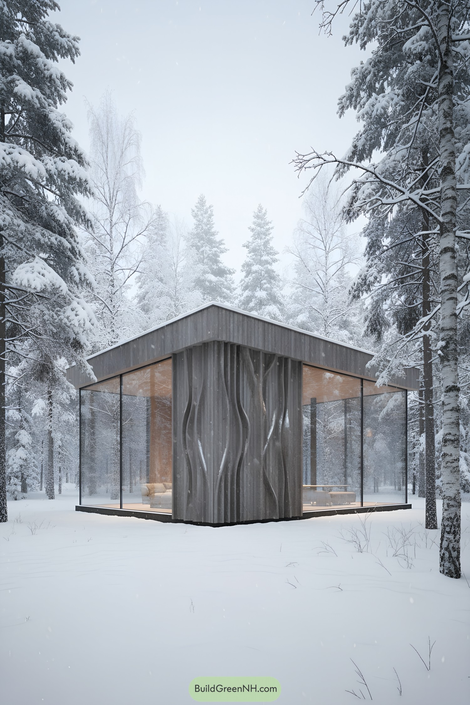 Minimal glass pavilion amid snowy pines