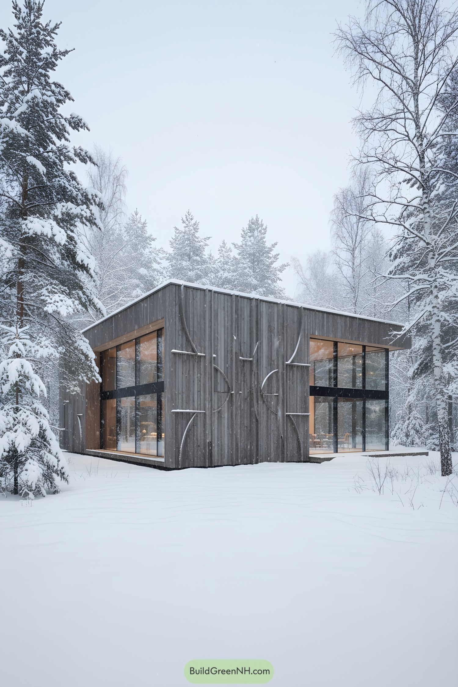 Modern timber cube with tall glass walls in snowy forest