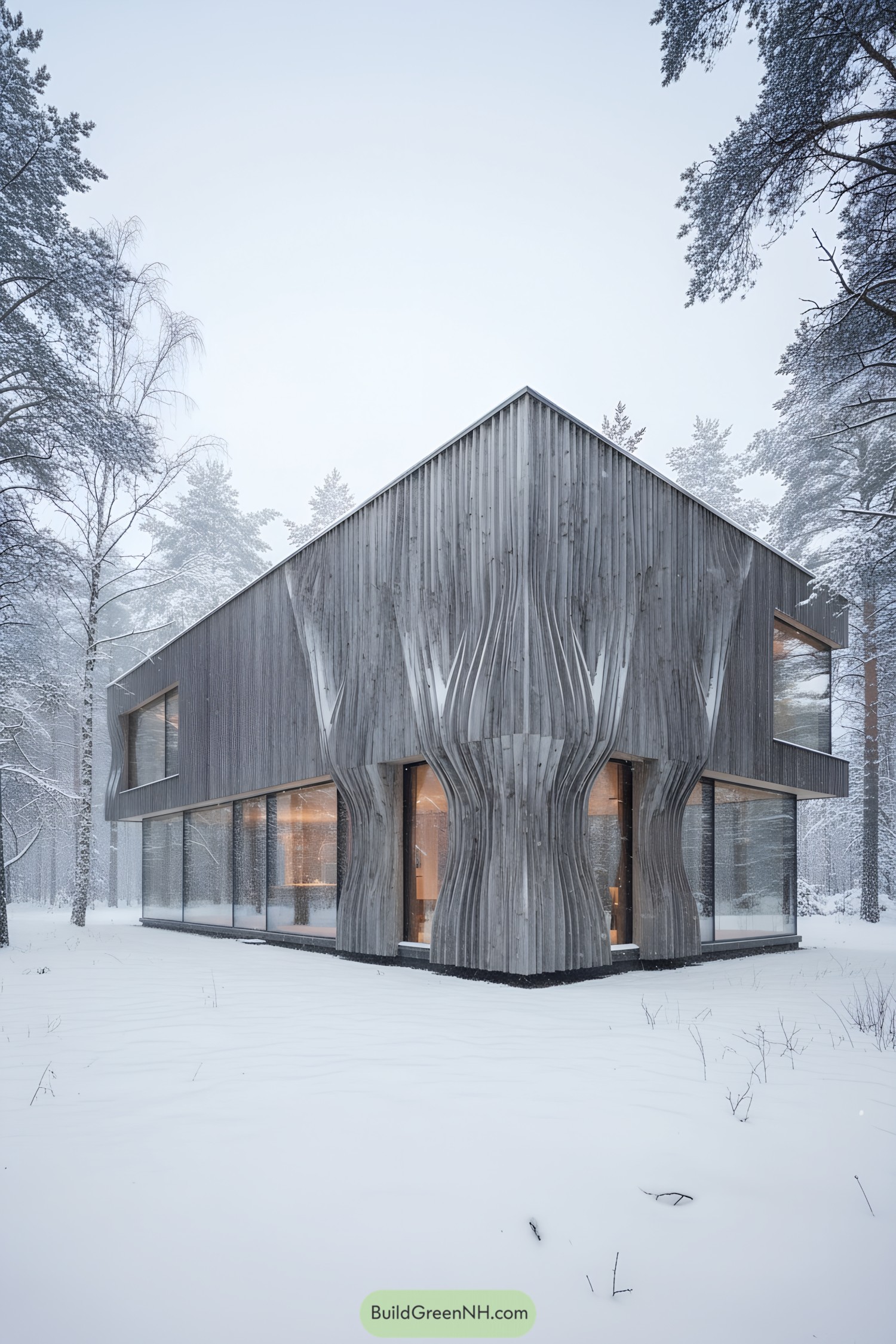 Modern wood house with sculpted facade in snowy forest