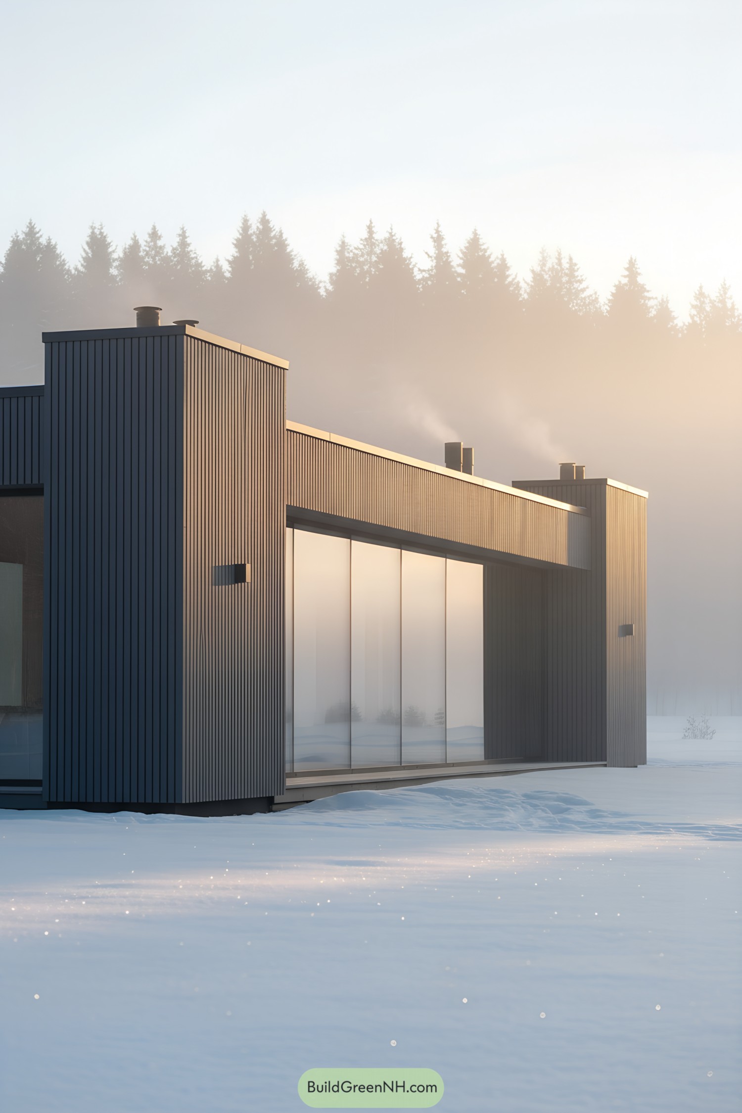Modern cabin with tall glass facade and ribbed metal cladding in snowy forest clearing at dawn