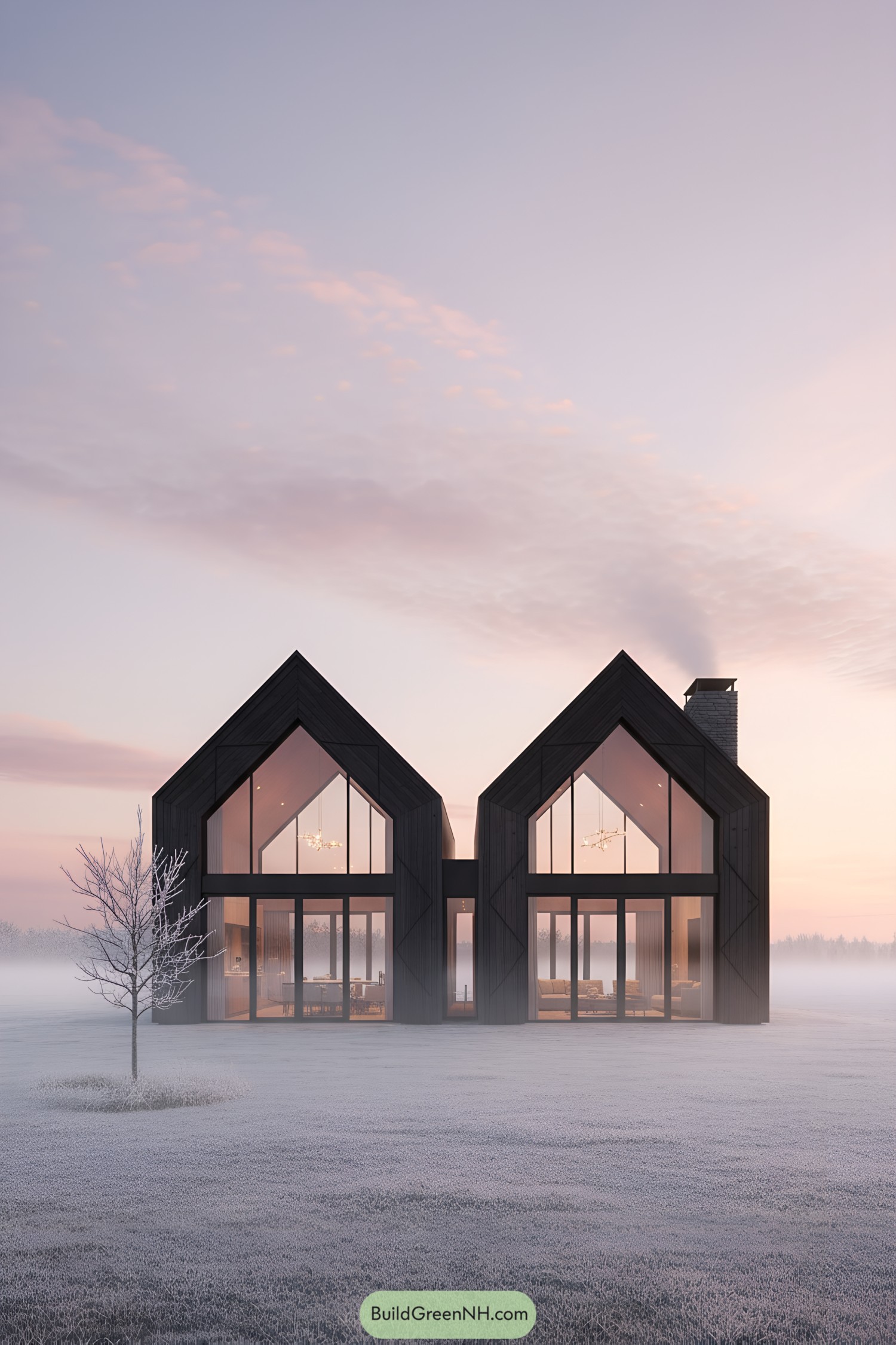 Dark twin-gable cabin with full-height glass facing a frosty meadow at dawn