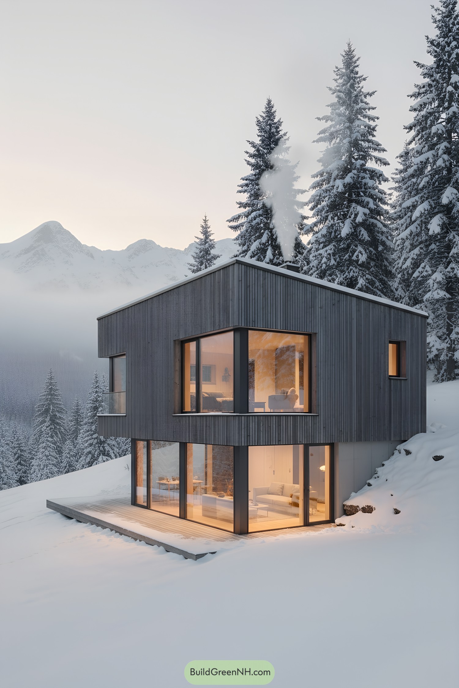 Modern cabin with glowing glass walls in snow