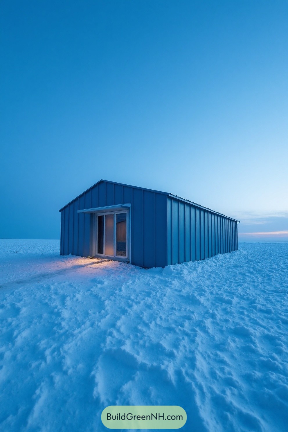Blue metal cottage on open snowy plain at dusk with warm light at entry