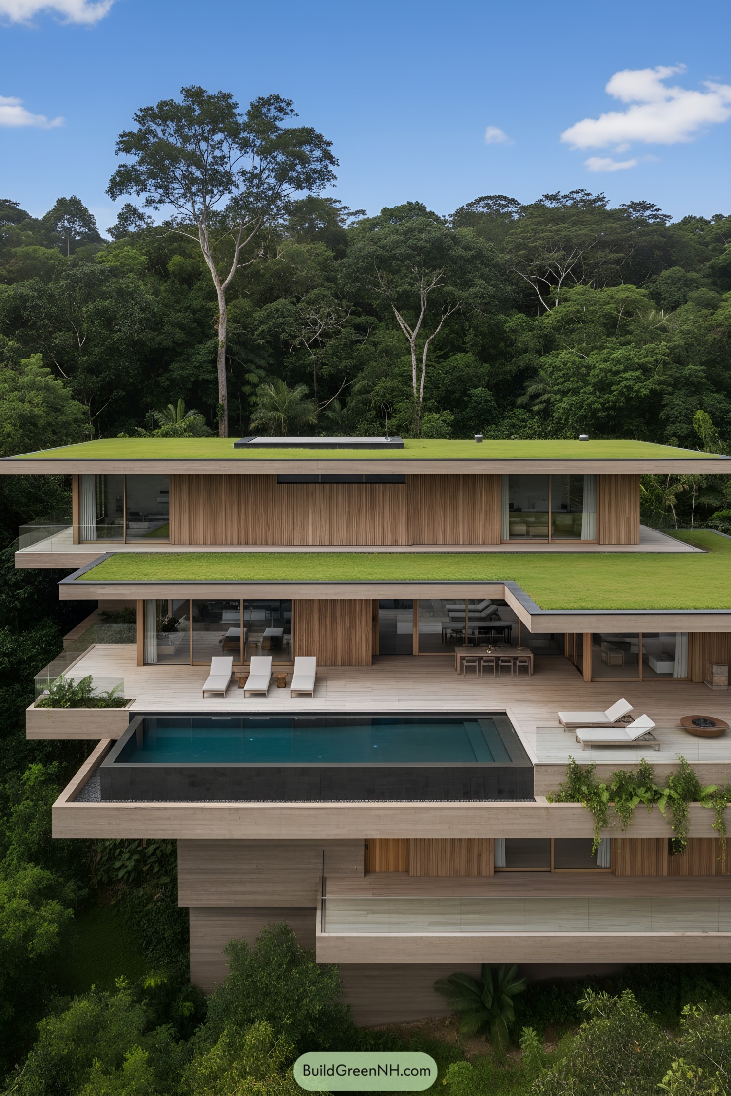 Modern jungle villa with tiered decks, pool, and green roofs