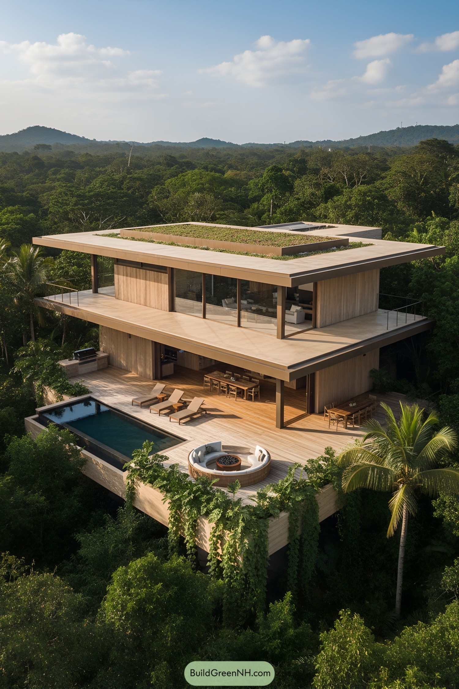 Modern jungle house with tiered decks and pool