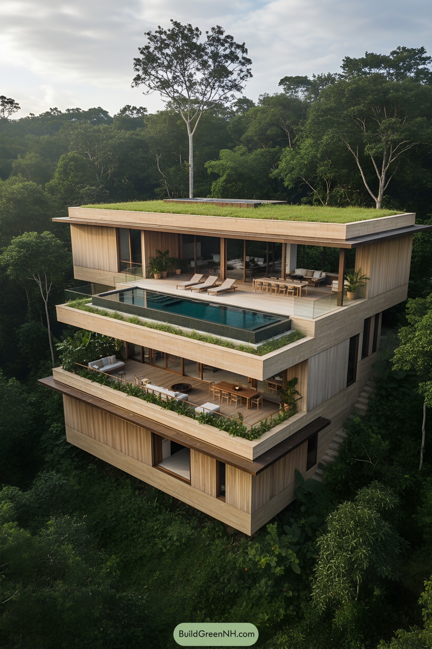 Tiered wooden jungle house with pool