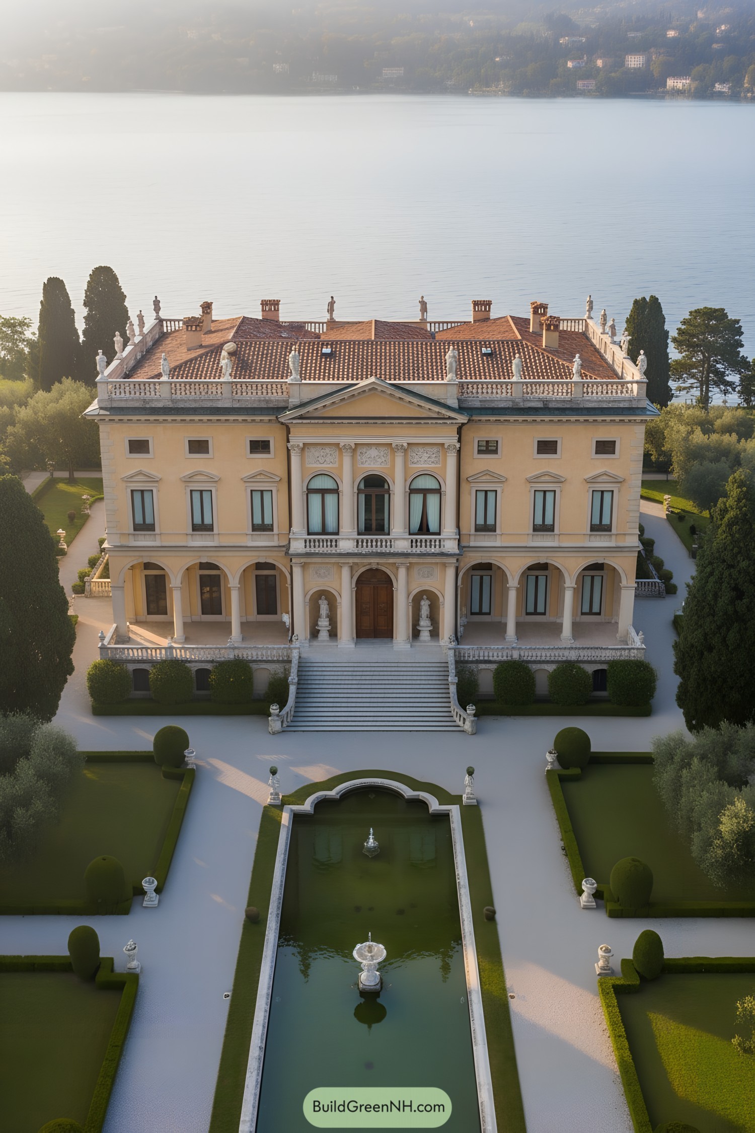 Grand lakeside palazzo with formal gardens