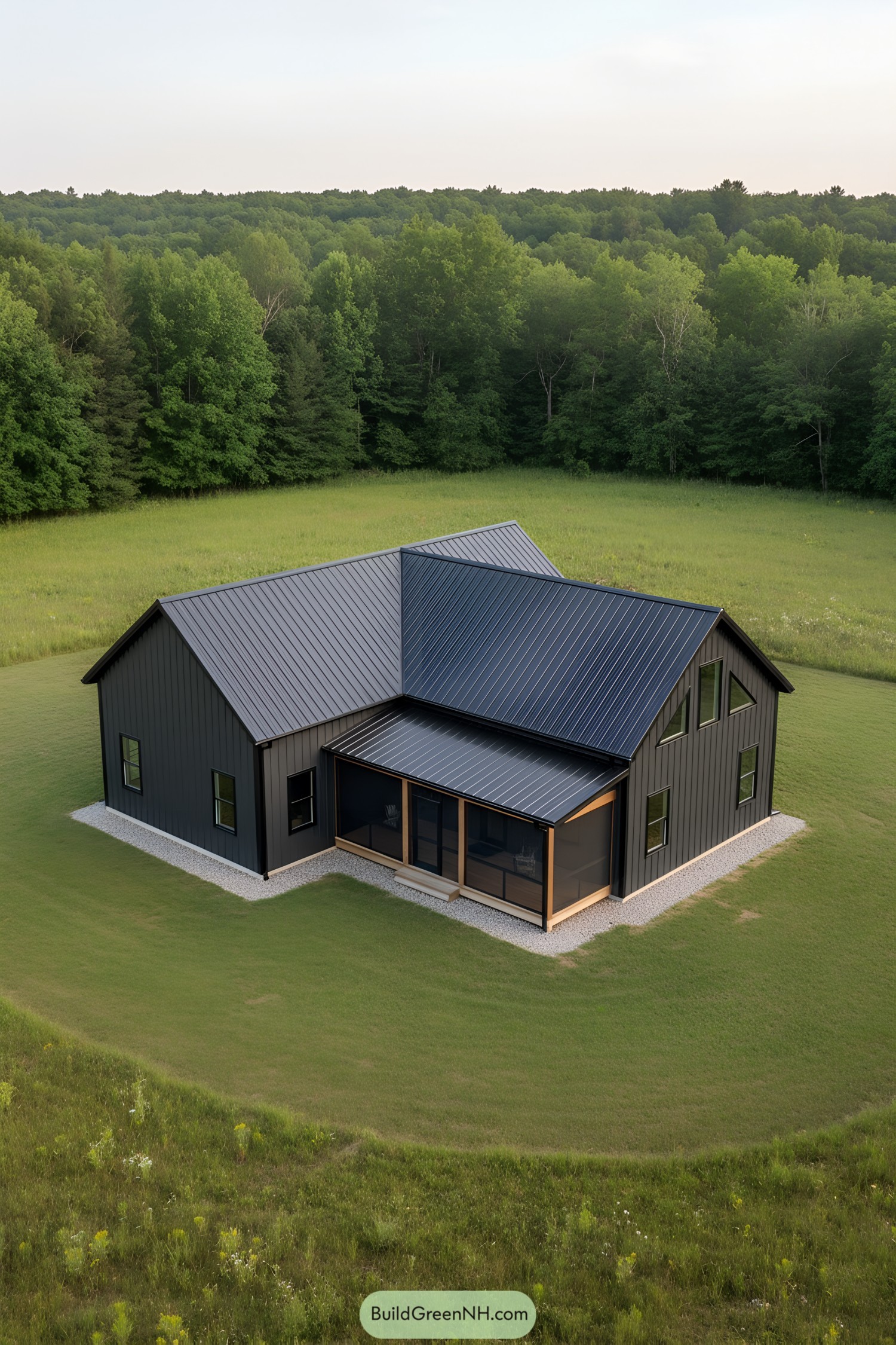 Dark steel farmhouse with L-shaped plan in meadow
