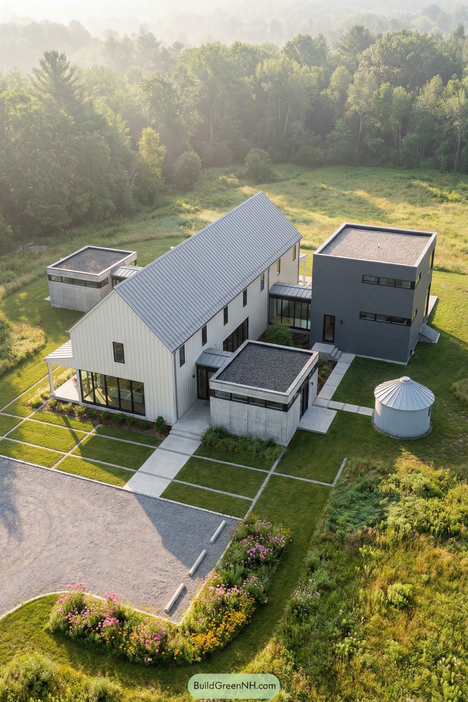 Aerial view of a modern barn-style farmhouse with flat-roofed wings and a small silo in an open meadow