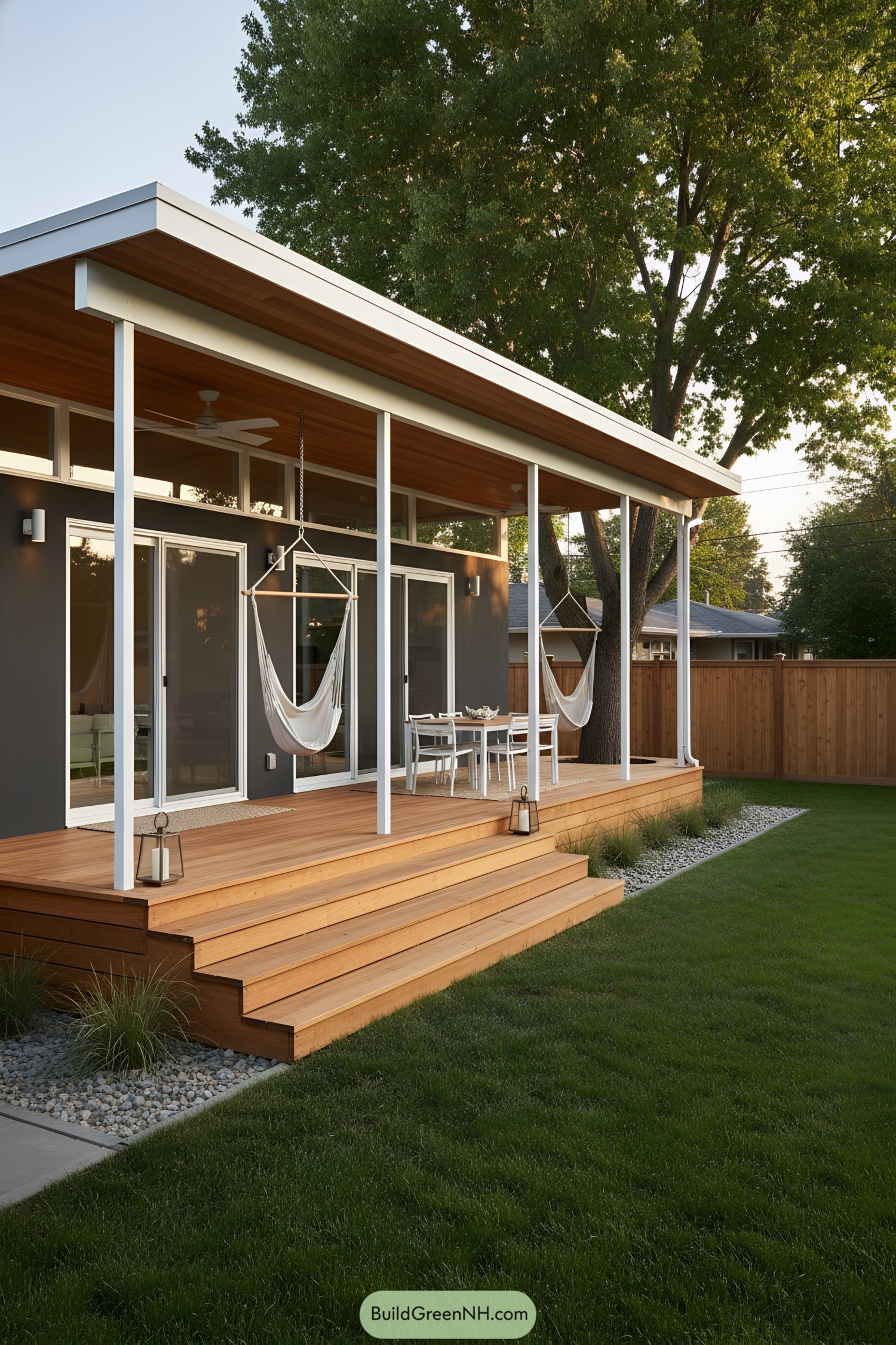 Midcentury ranch with wide cedar porch, slim white posts, and deep overhang over sliding glass doors