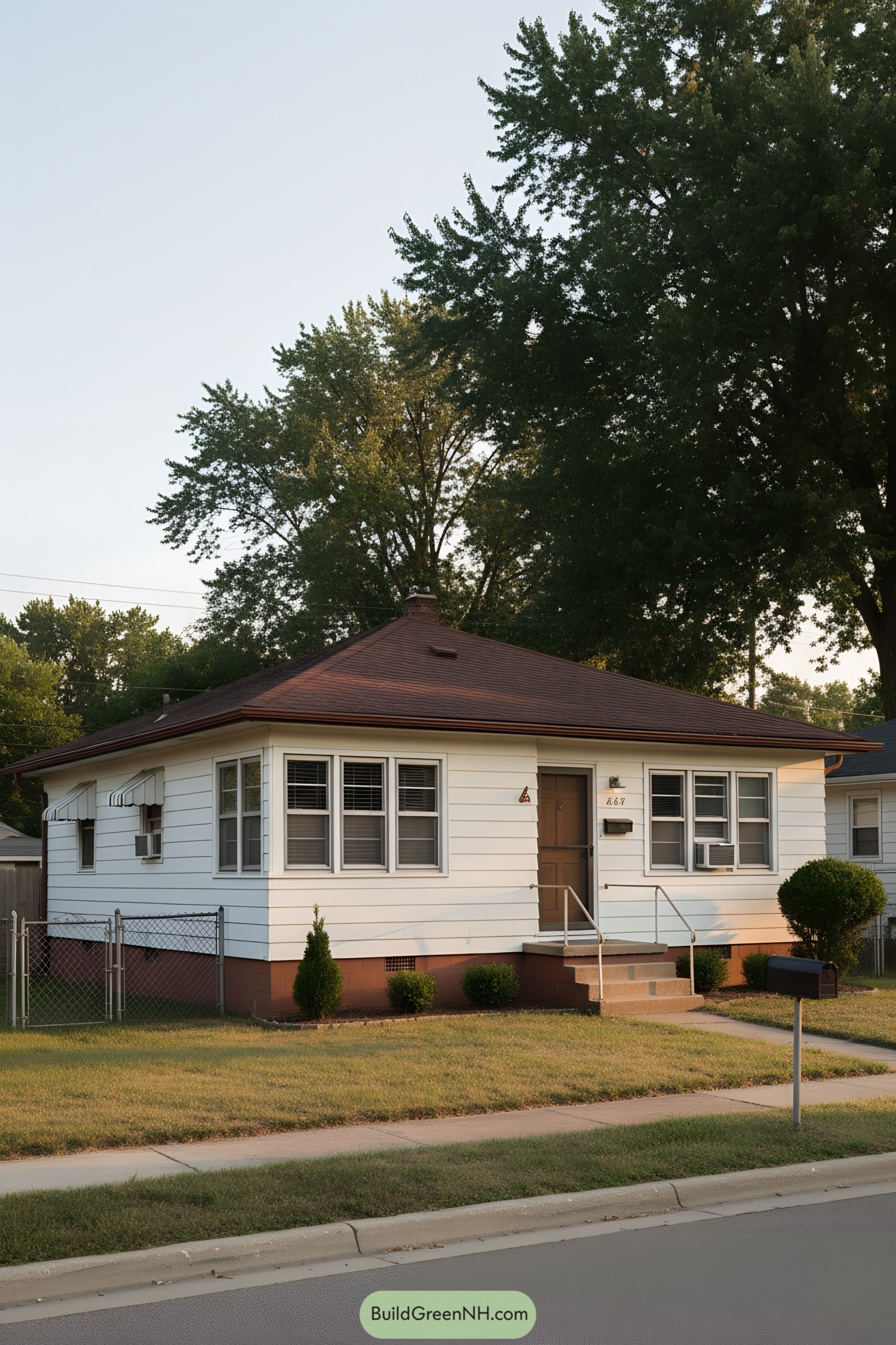 Compact white ranch with hipped roof, broad windows, and simple stoop entry