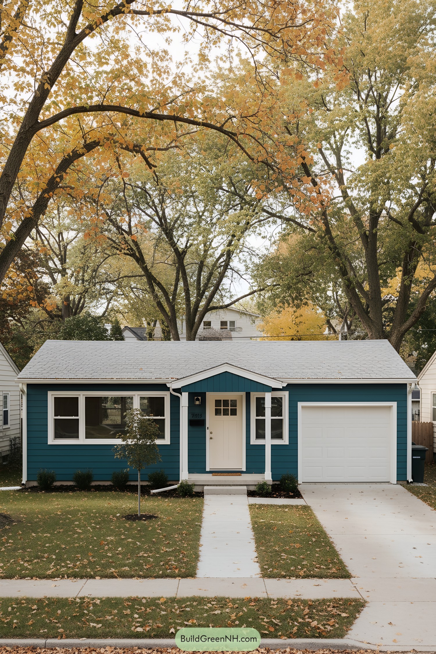 Compact teal ranch with white trim and a small centered porch