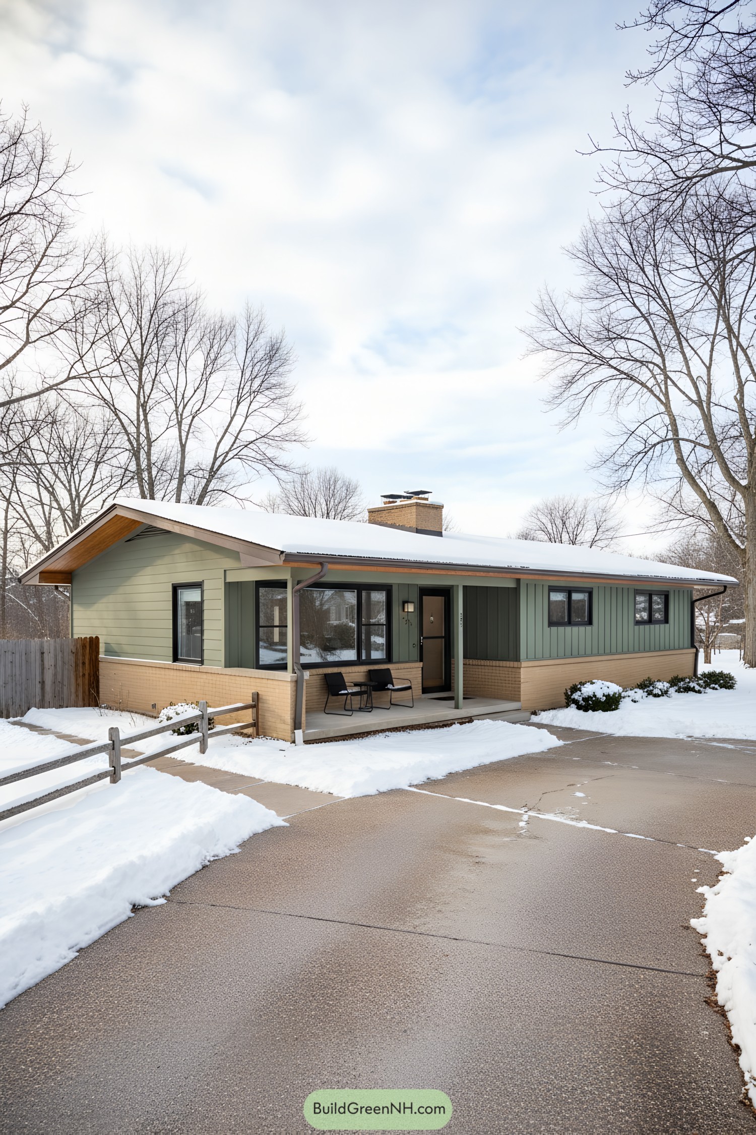 Single-story ranch with green siding and brick base