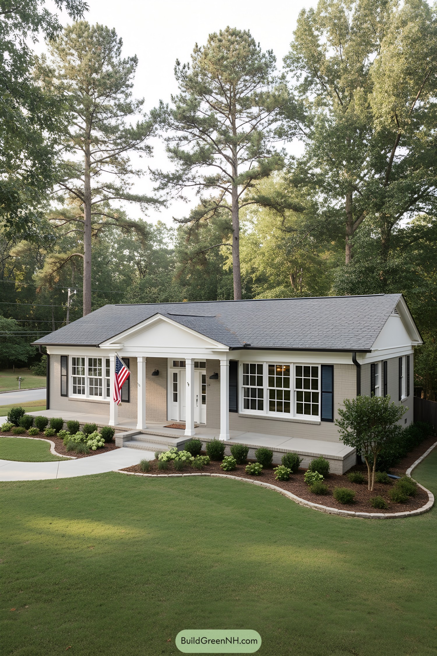 Single-story ranch with white portico and broad windows