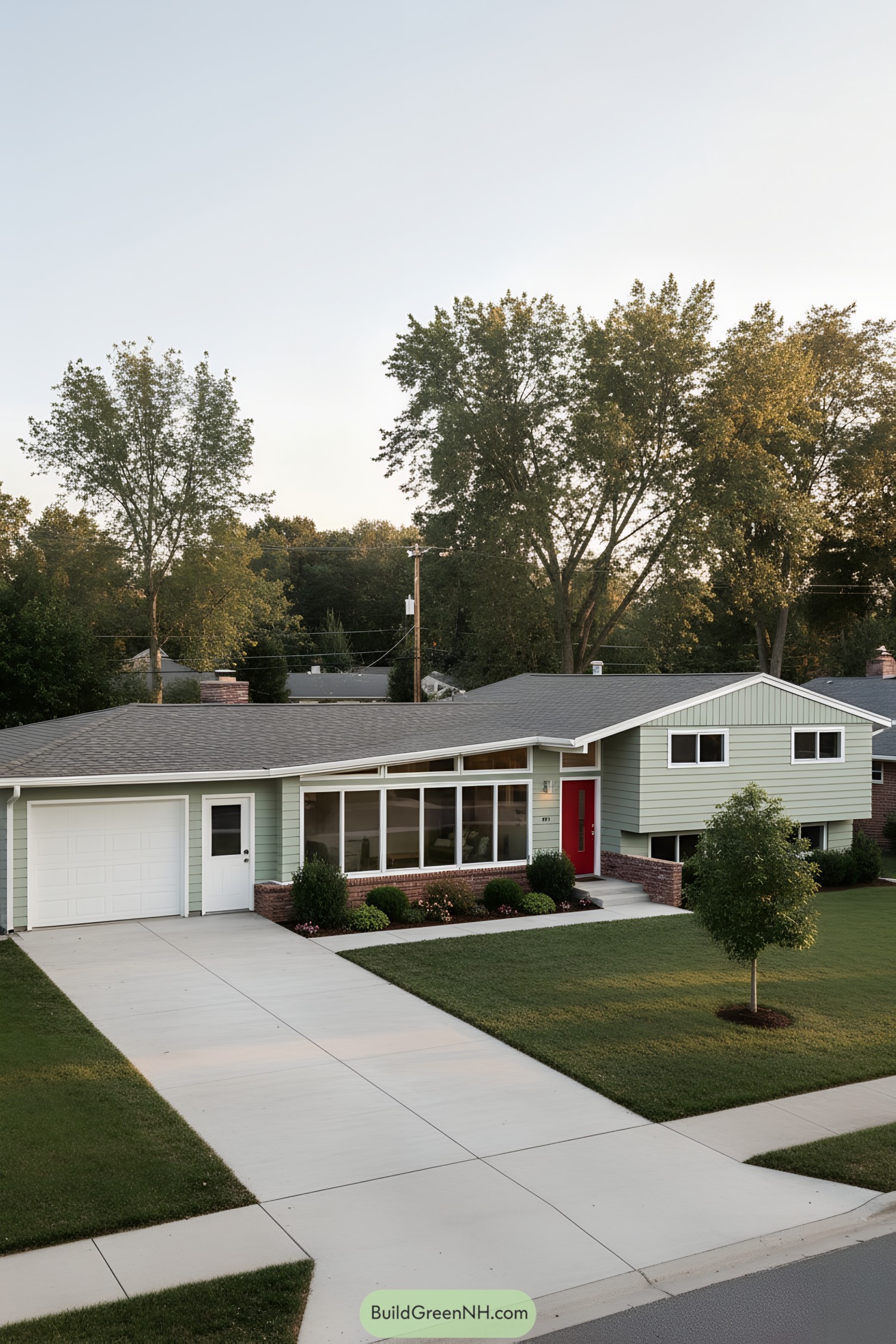 Mint-green split-level ranch with long window wall, red door, and attached garage