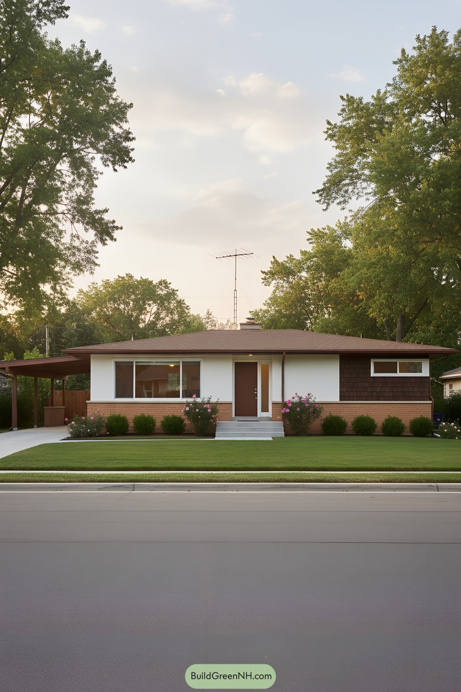 Single-story midcentury ranch with low hipped roof, brick base, white siding, brown door, and attached carport