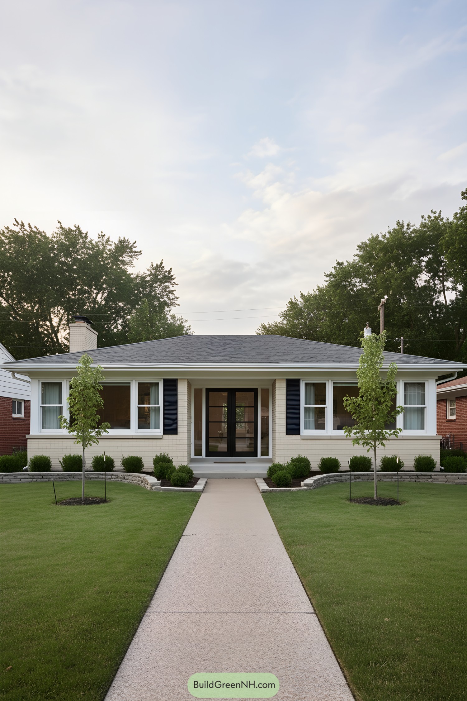 Single-story ranch with central porch and manicured lawn