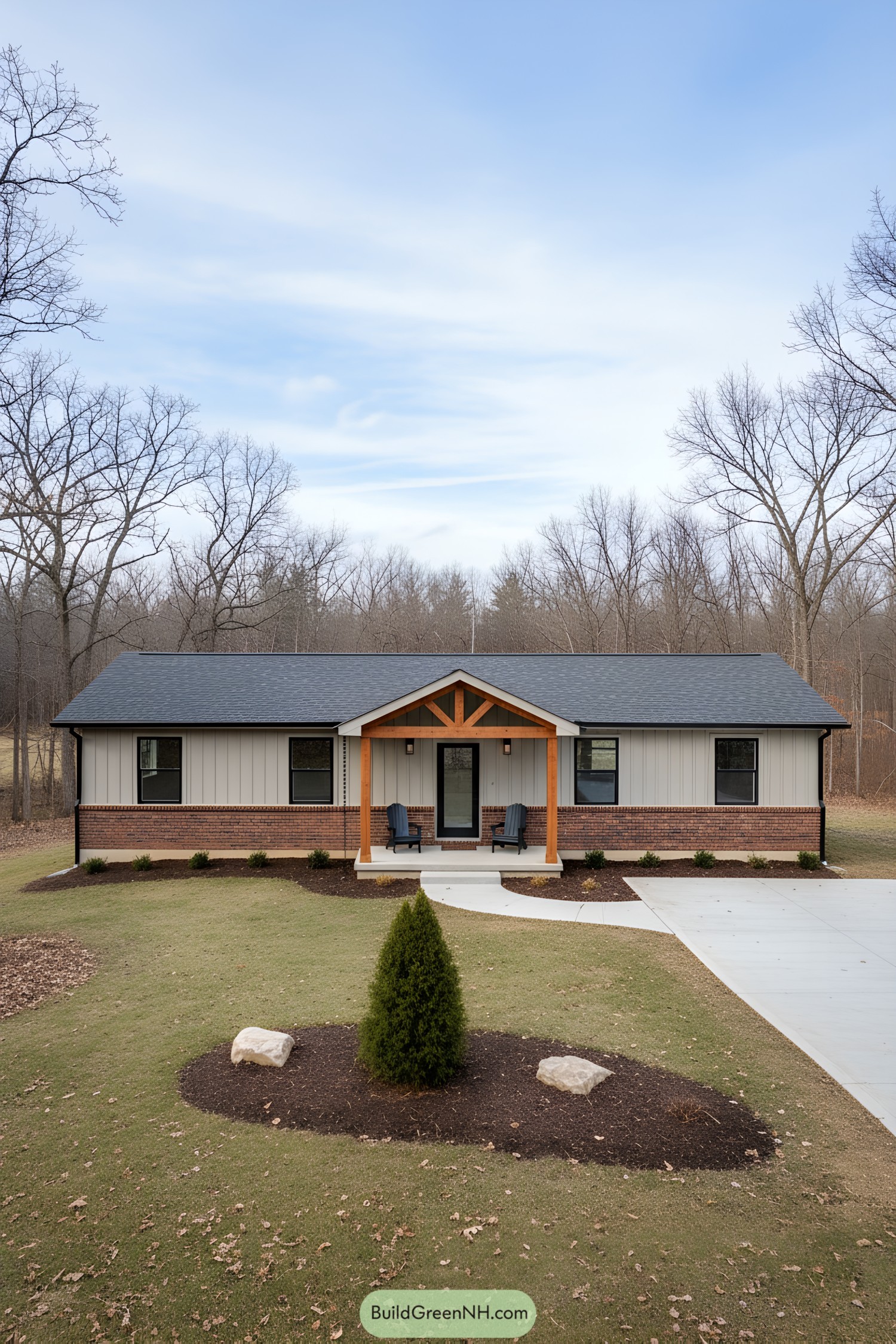 Single-story ranch with timber porch entry