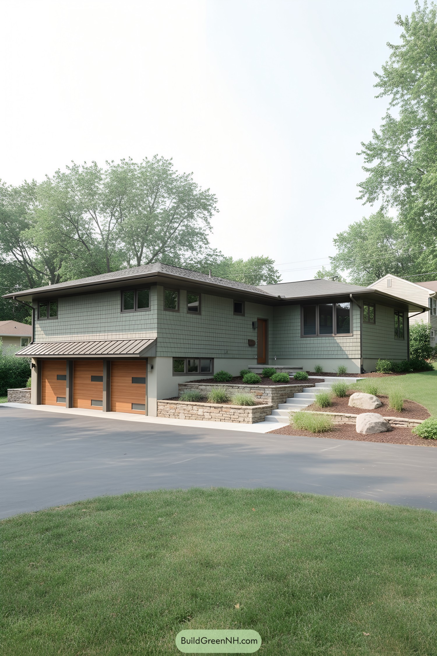 Green shingle split-level ranch with triple garage and terraced stone steps