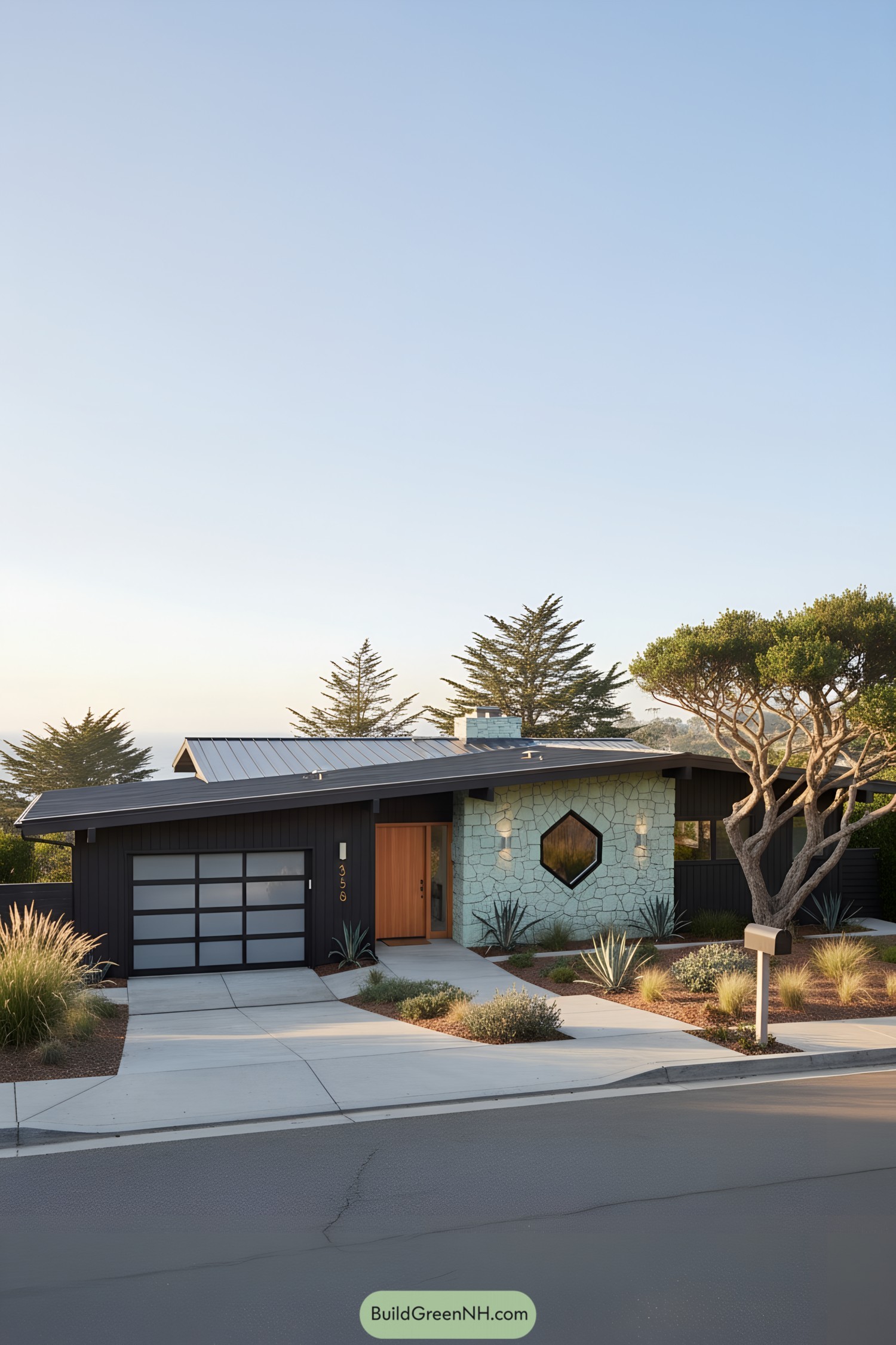 Midcentury ranch with hex window and low roof